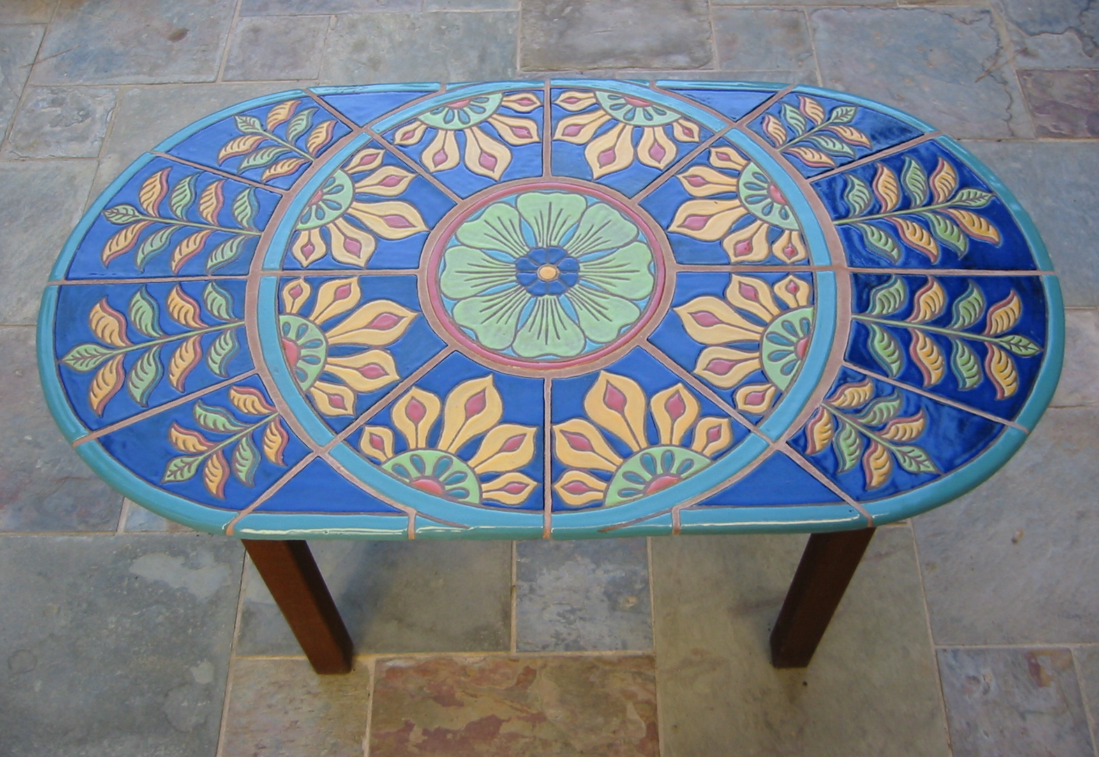 Colorful Ceramic Oval Patio Table with Mandala Design