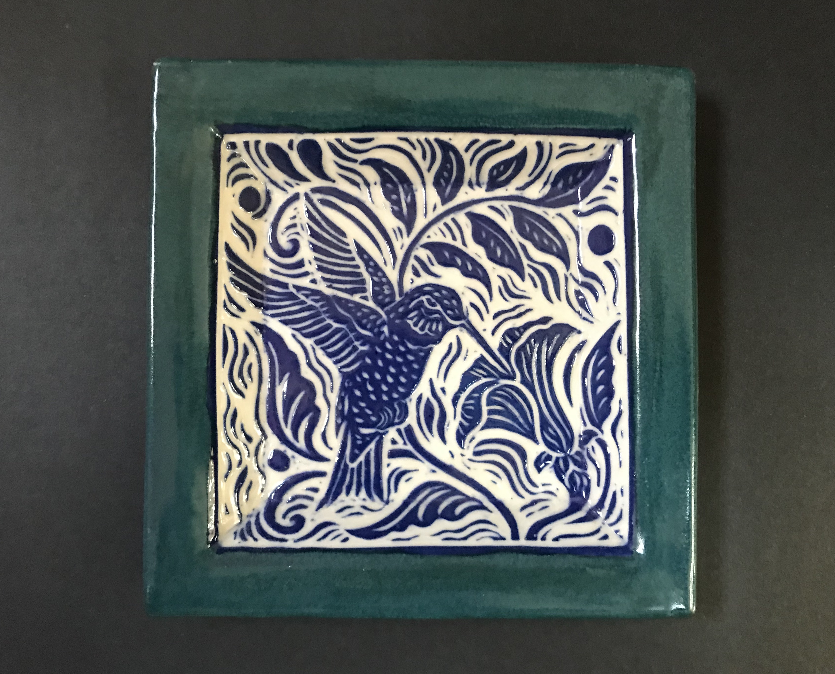Ceramic Square Dish in Cobalt Blue, White, and Turquoise with Stylized Hummingbird Desgin