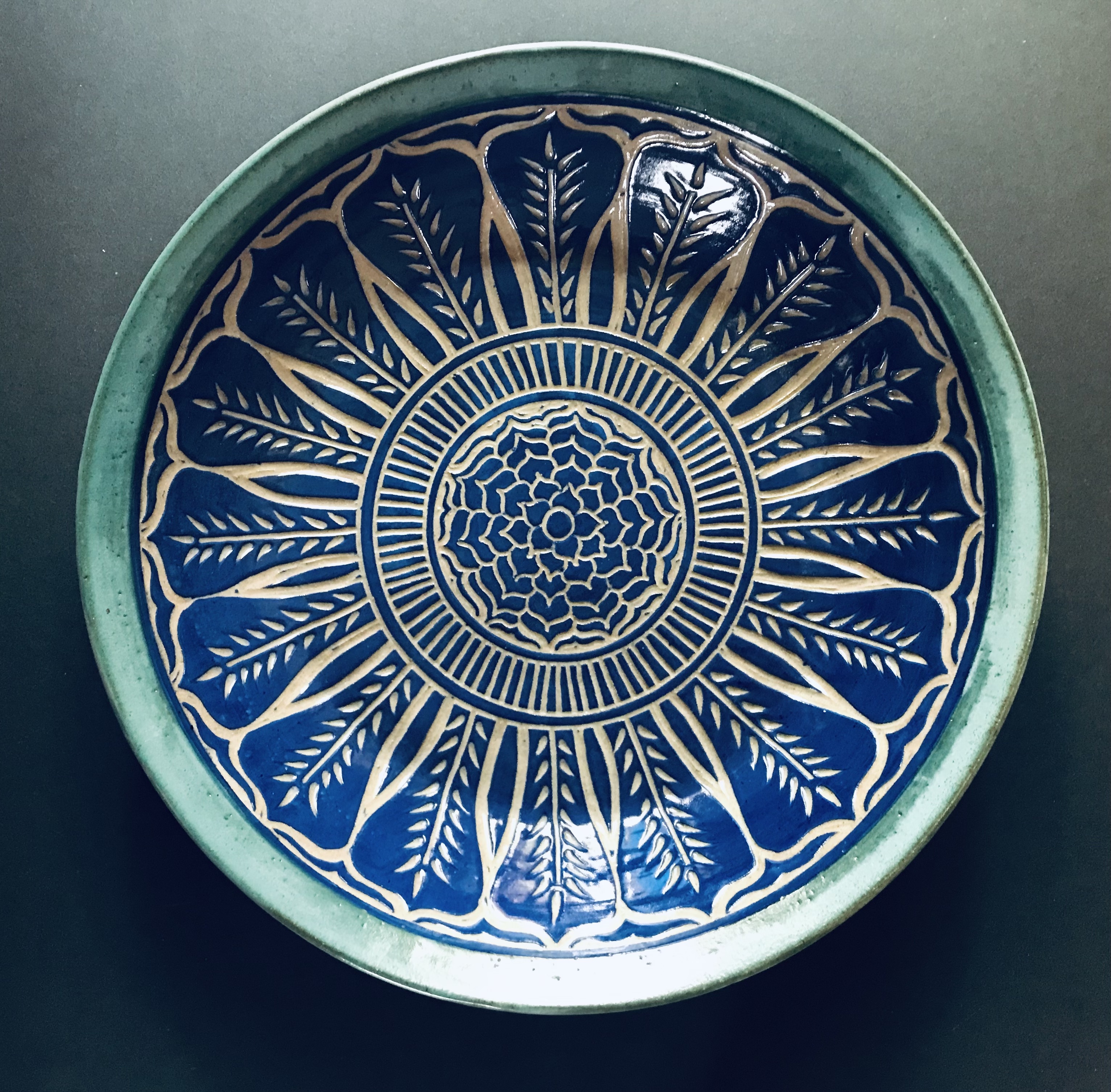 Large Serving Bowl In Blue and Turquoise with Sgrafitto Carved Mandala Design