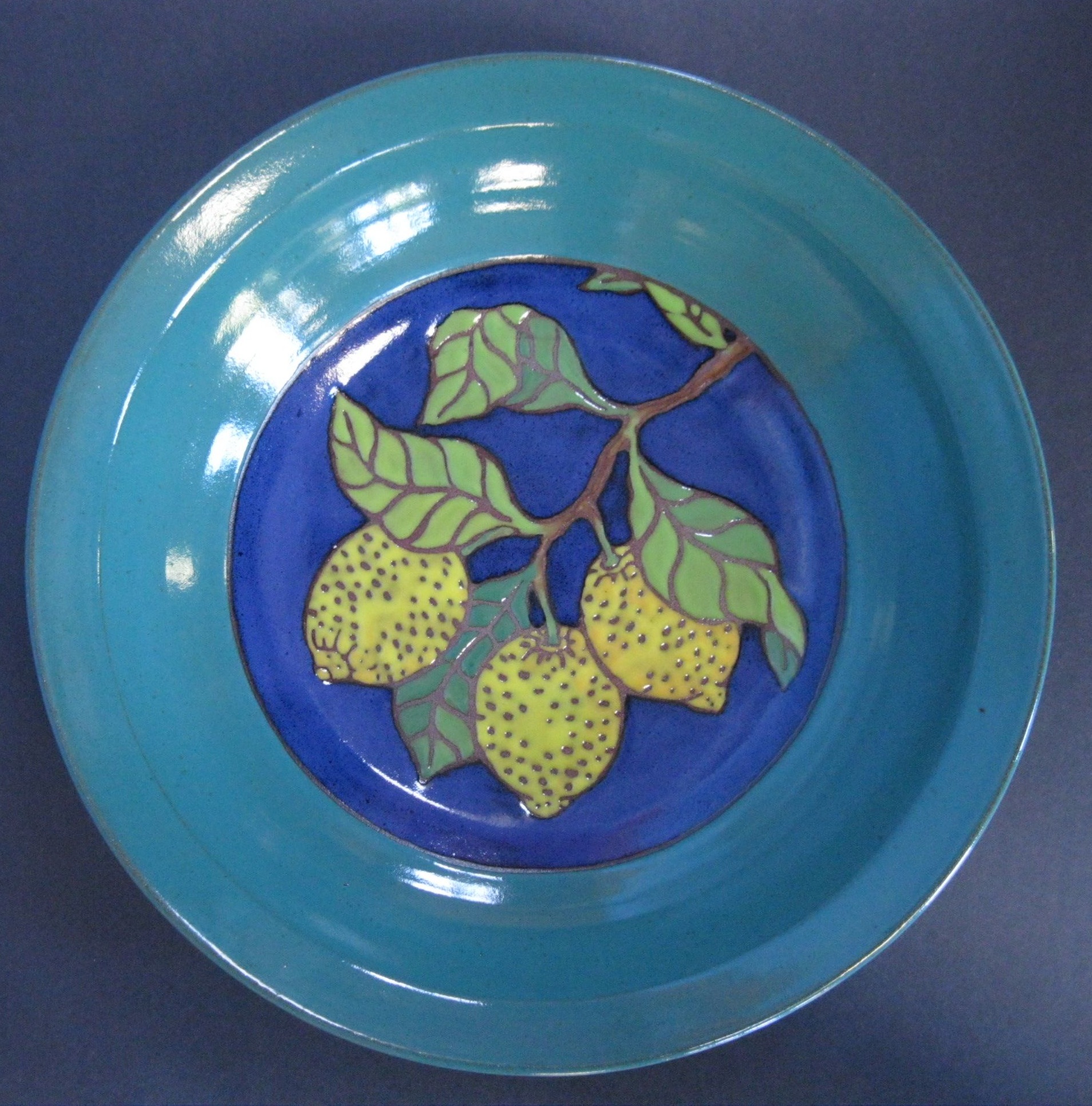 Cobalt Blue and Turquoise Bowl with Cuerda Seca Lemon Design