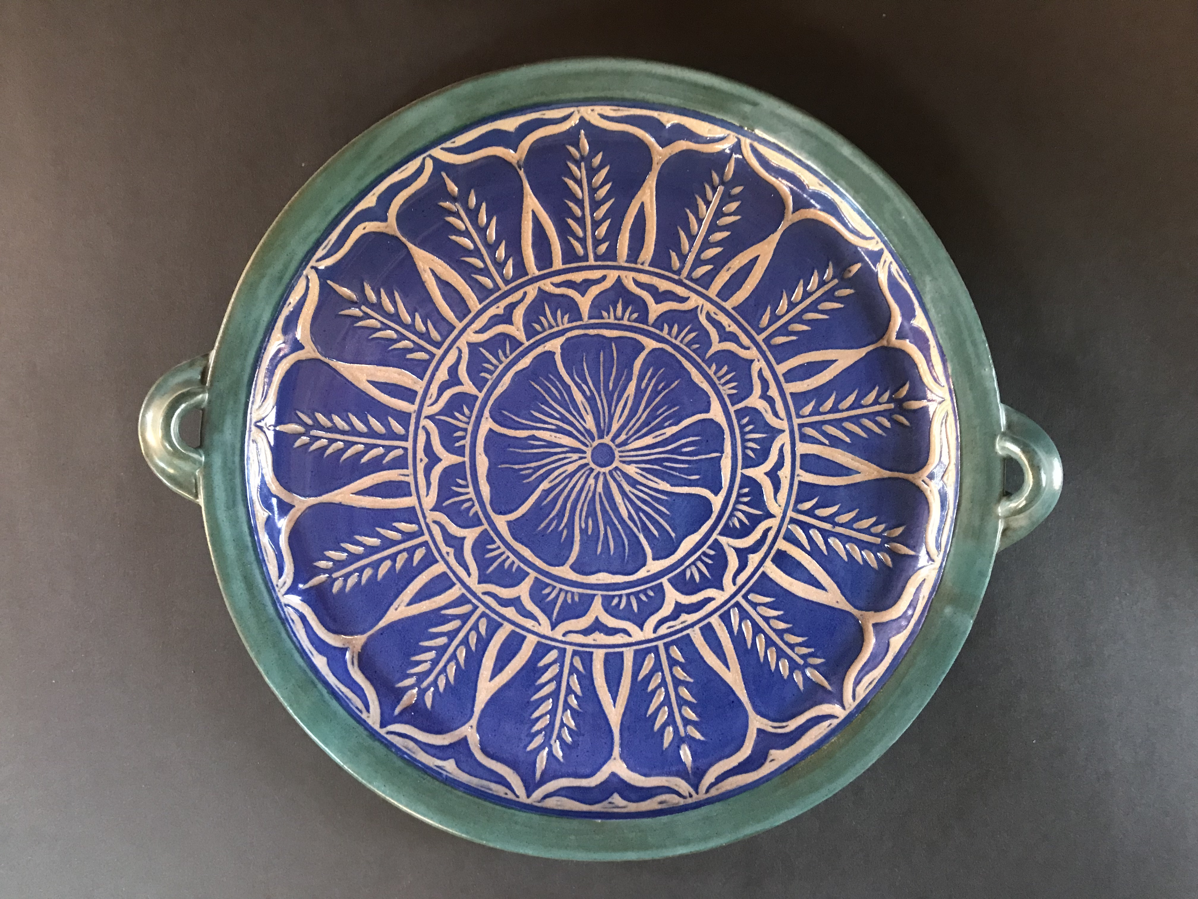Large Serving Platter In Blue and Turquoise with Sgrafitto Carved Mandala Design
