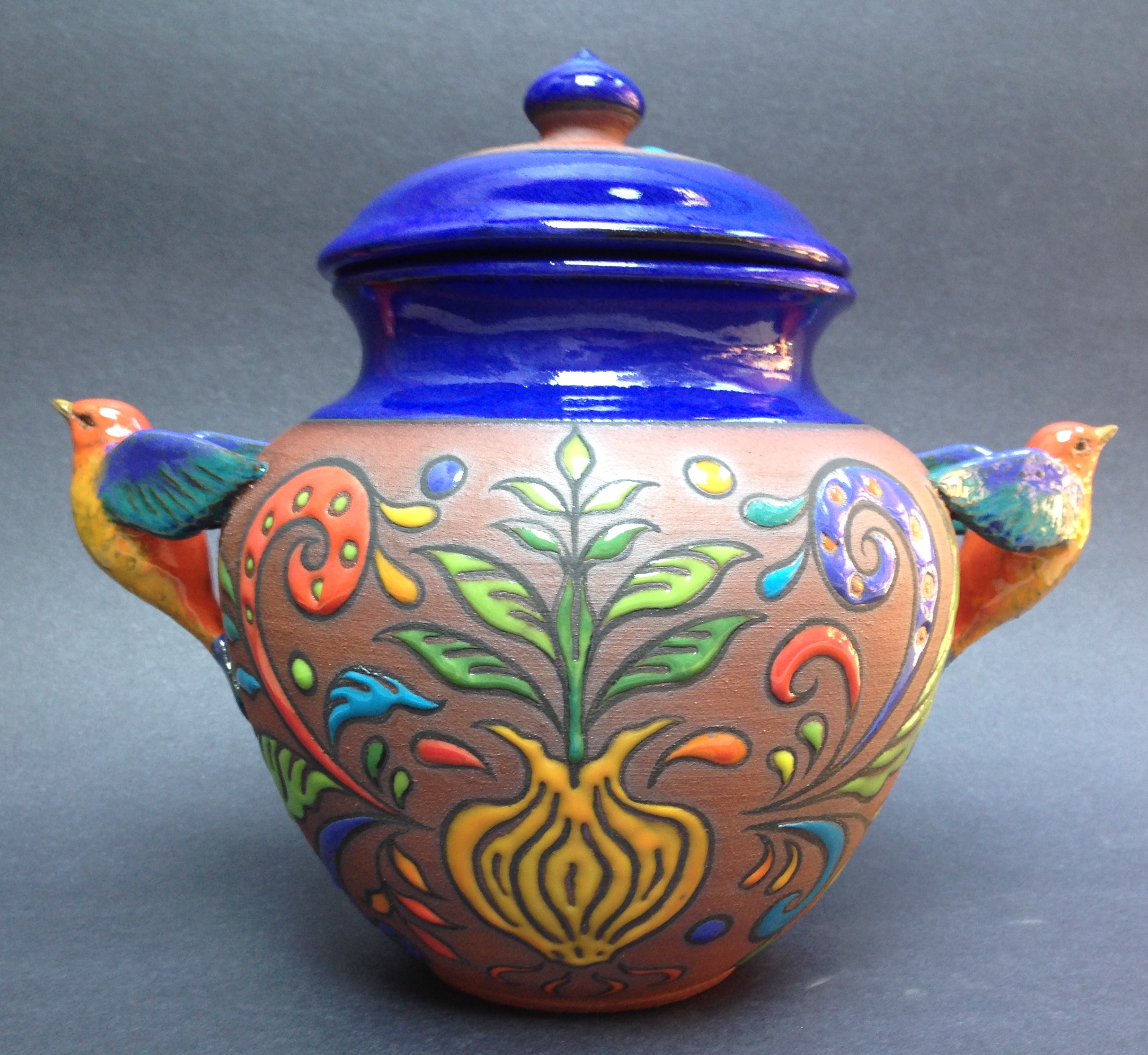 Ceramic Ashes Urn with Colorful Cuerda Seca Design and Bird Handles
