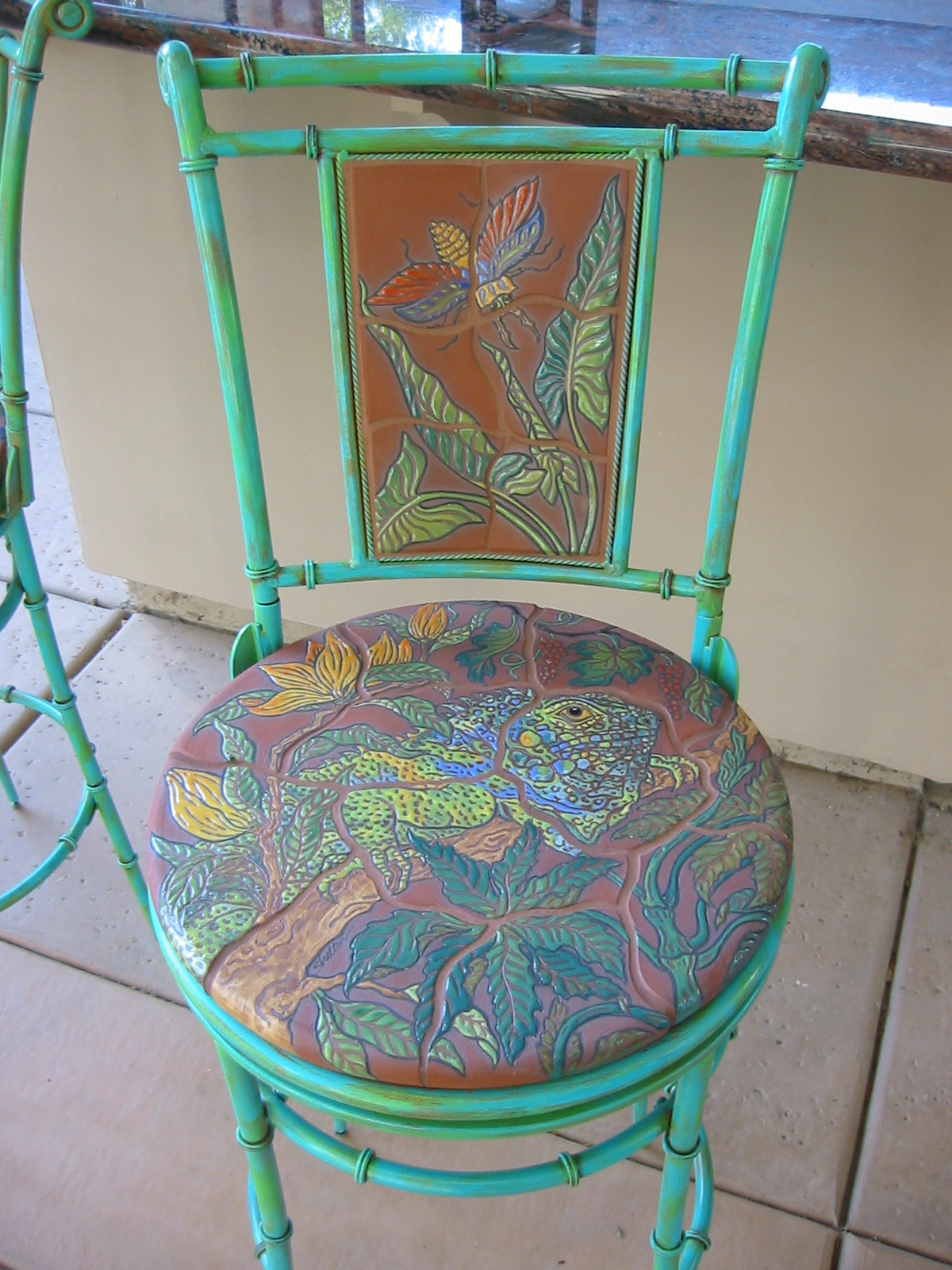 Colorful Ceramic Barstool with Tropical Iguana Design