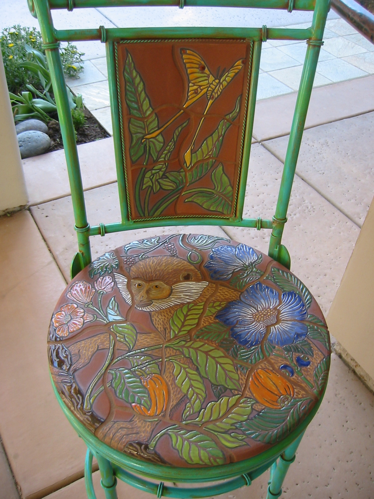 Colorful Ceramic Barstool with Tropical Monkey Design