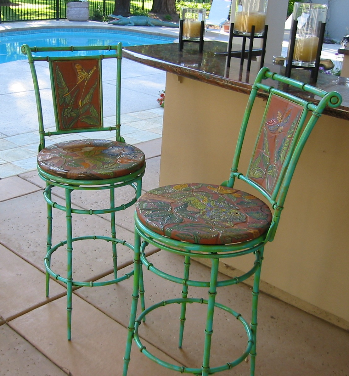 Colorful Set of Ceramic Swivel Barstool with Tropical Design