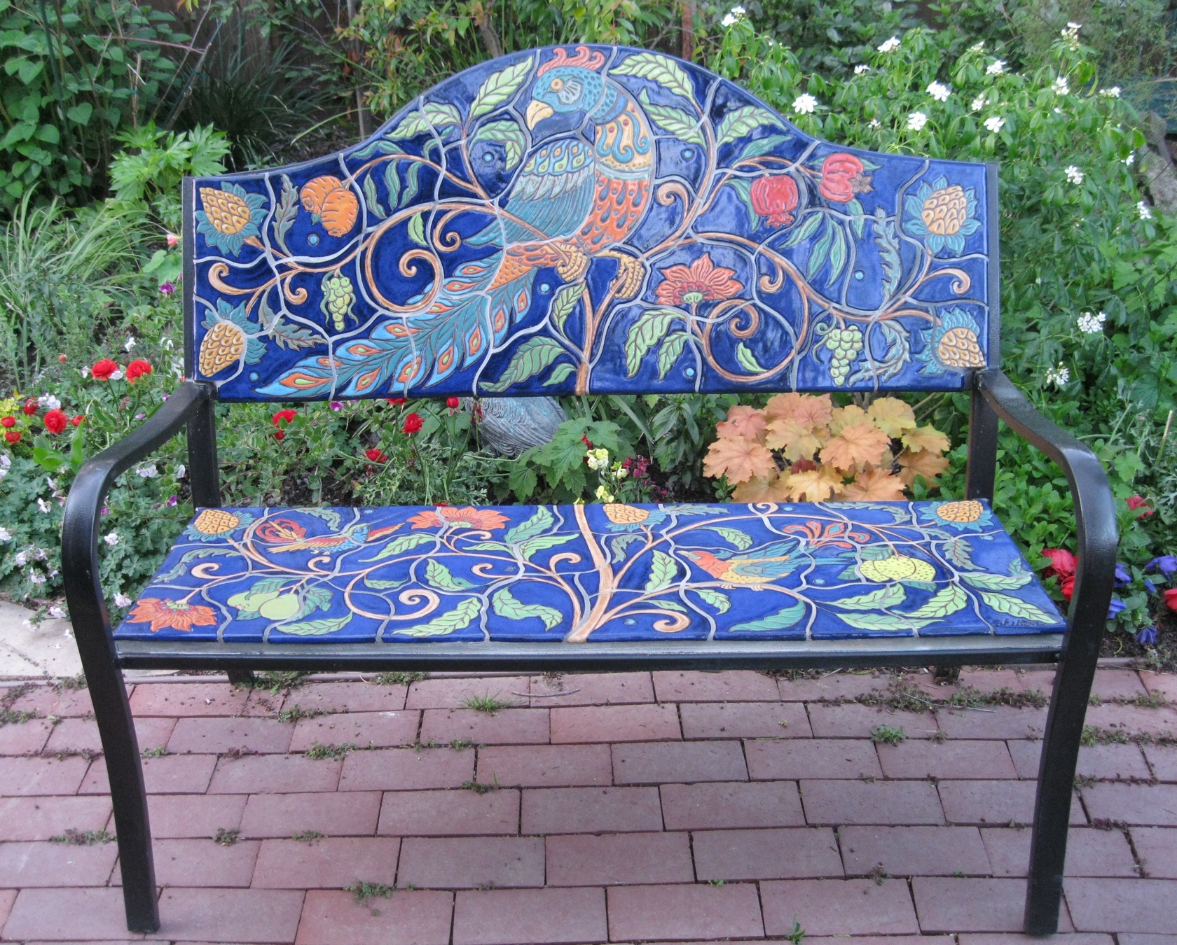 Colorful Ceramic Bird Bench with Cobalt Background