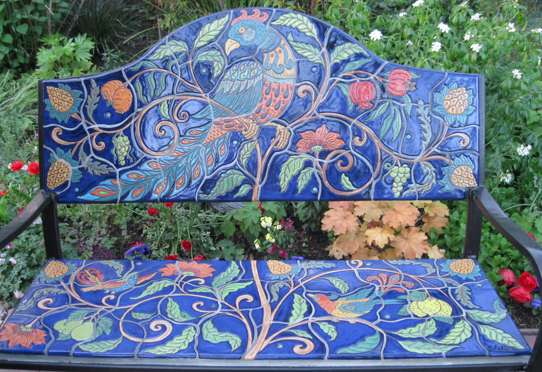 Colorful Ceramic Bench with Tree of Life and Bird Design 