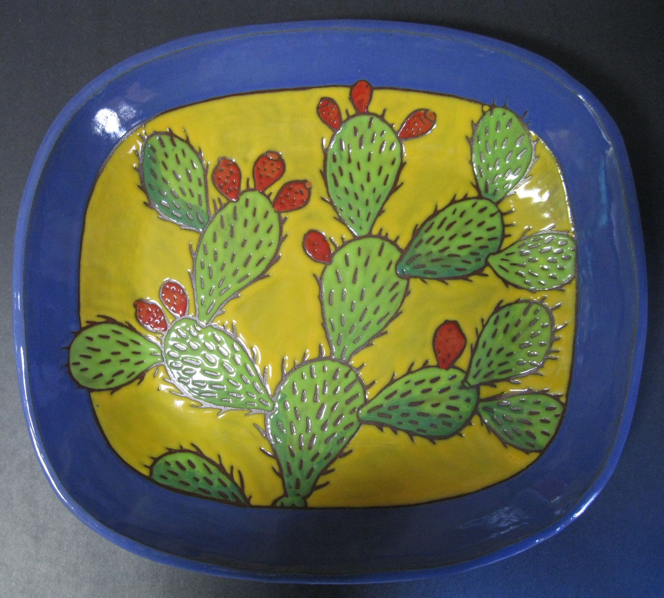 Blue and Yellow Platter with Cuerda Seca Cactus Design
