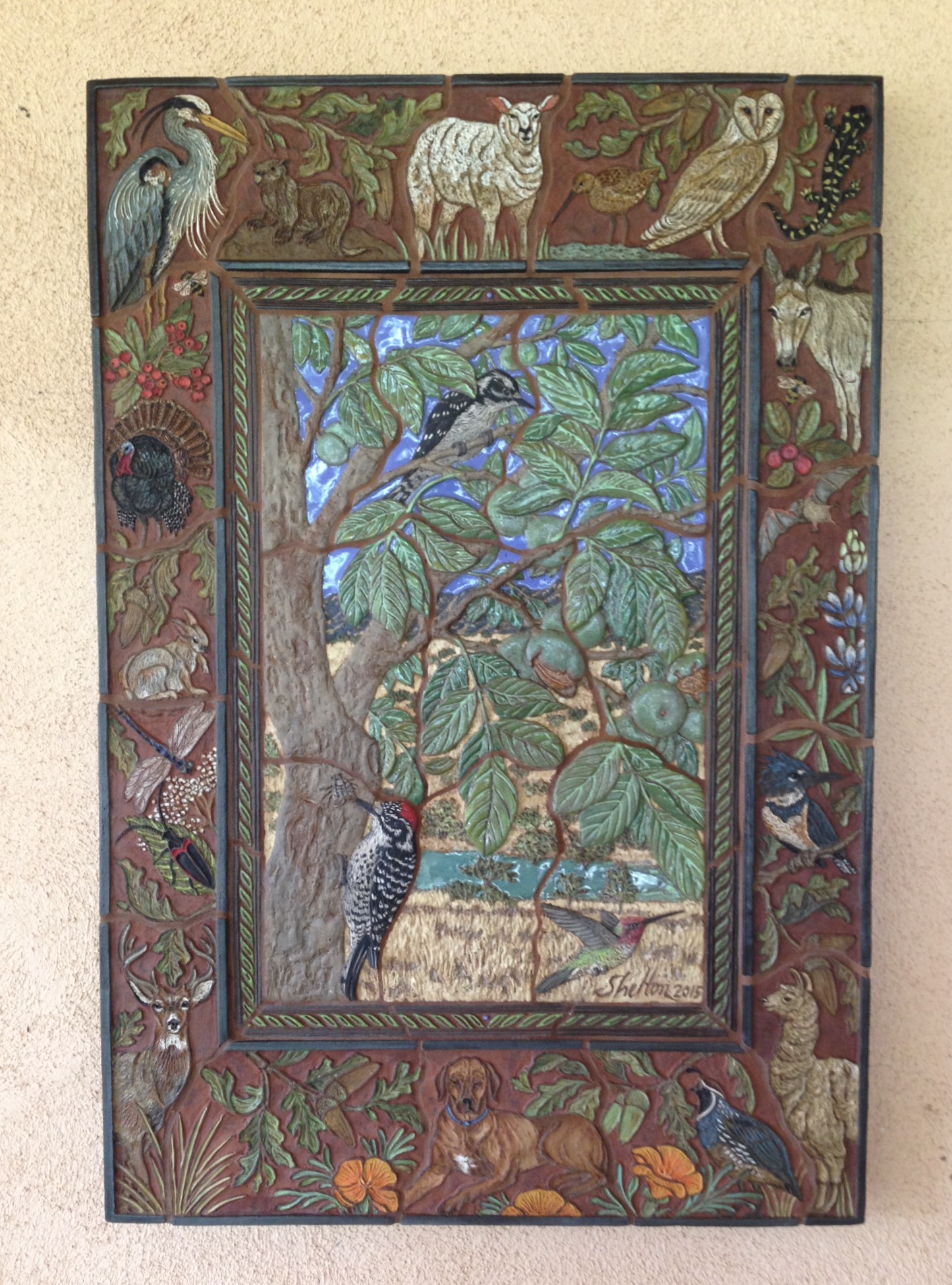 Carved Ceramic Mural for Citrona Farms Featuring Nuttails Woodpecker 