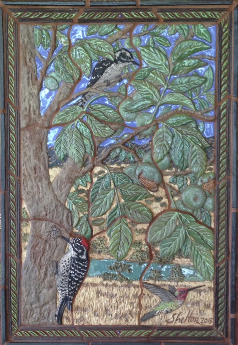 Carved Ceramic Mural Featuring Nuttails Woodpecker