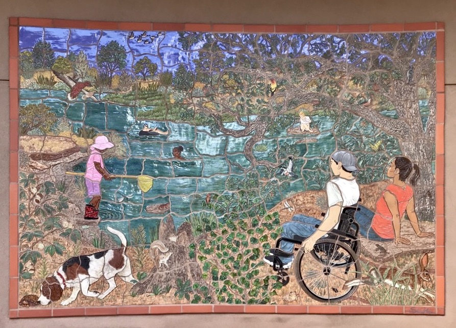 Carved Ceramic Mural Depicting People in a Creekside Setting