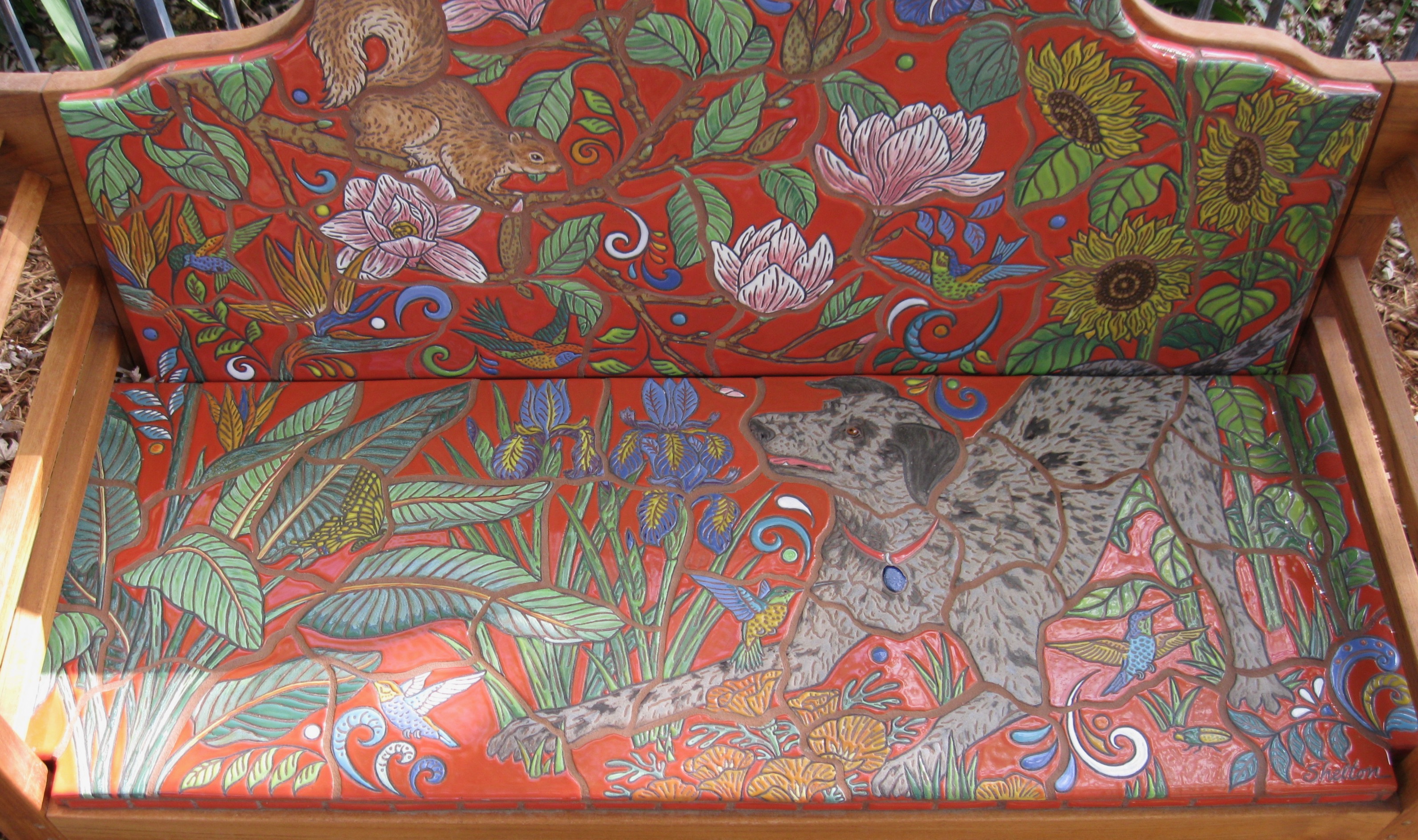 Detail of Colorful Dog Memorial Bench