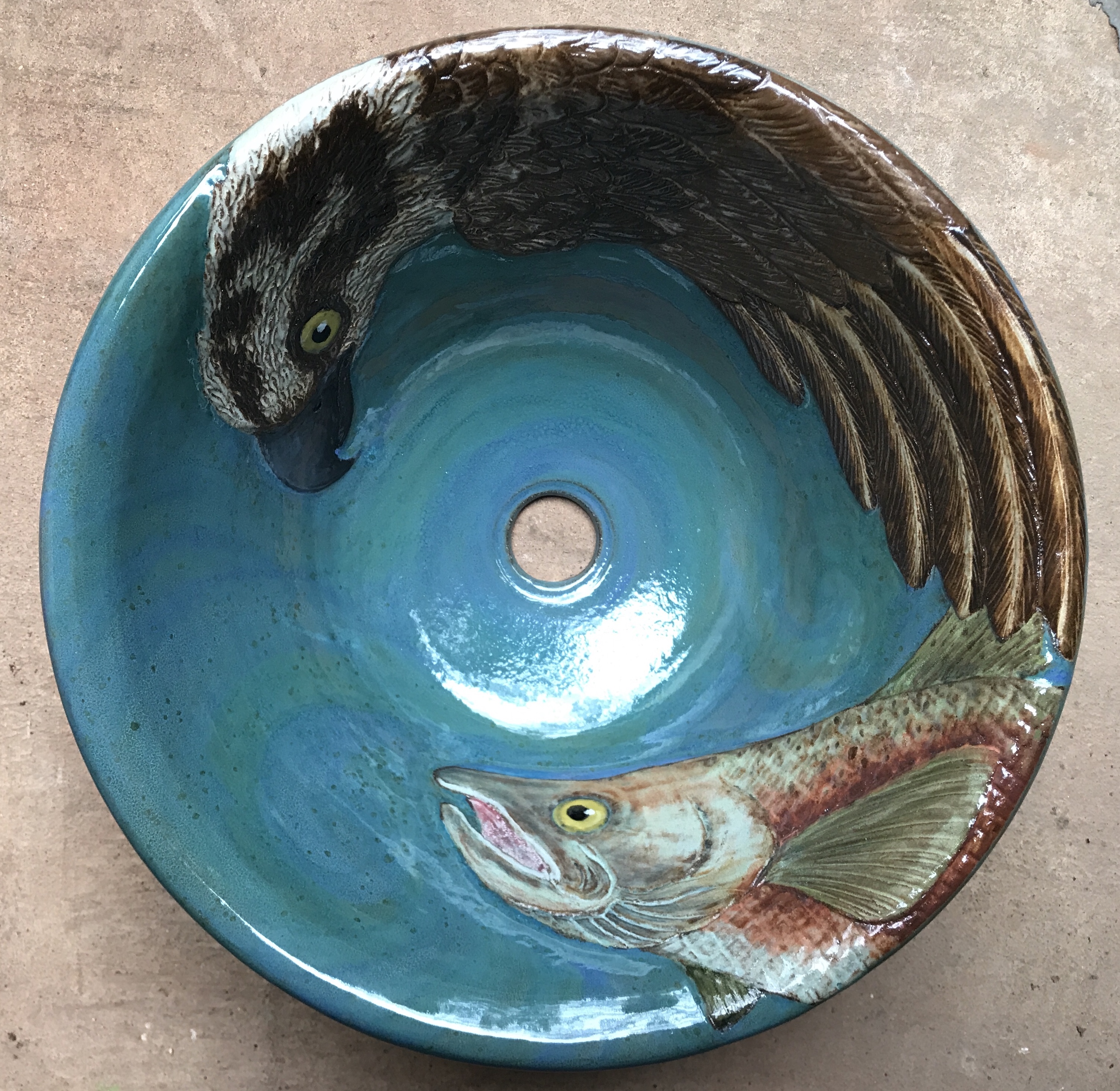 Carved Ceramic Sink with Salmon and Osprey Design