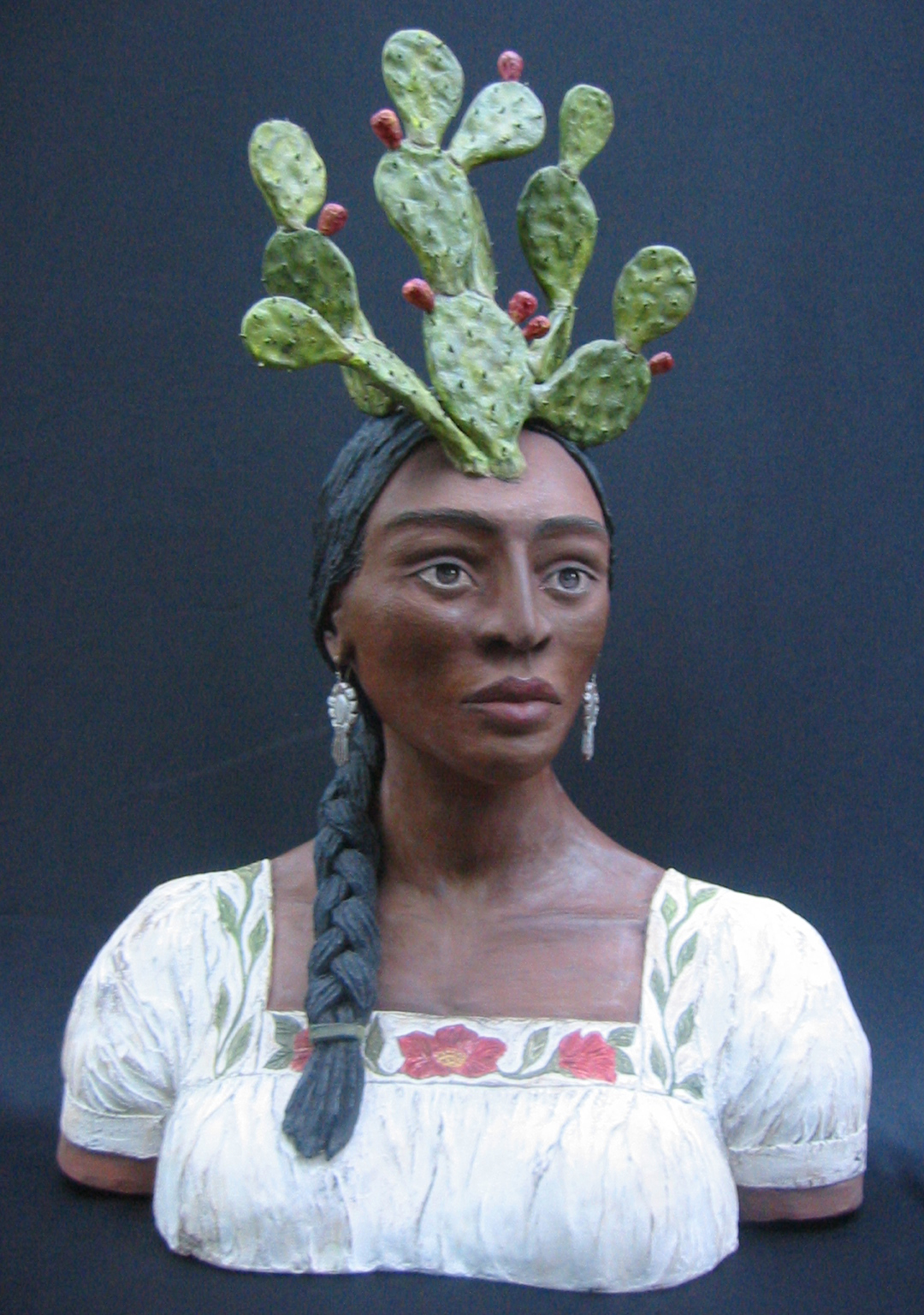 Con el Nopal en la Frente-Woman with Prickly Pear Cactus on Head Sculpture