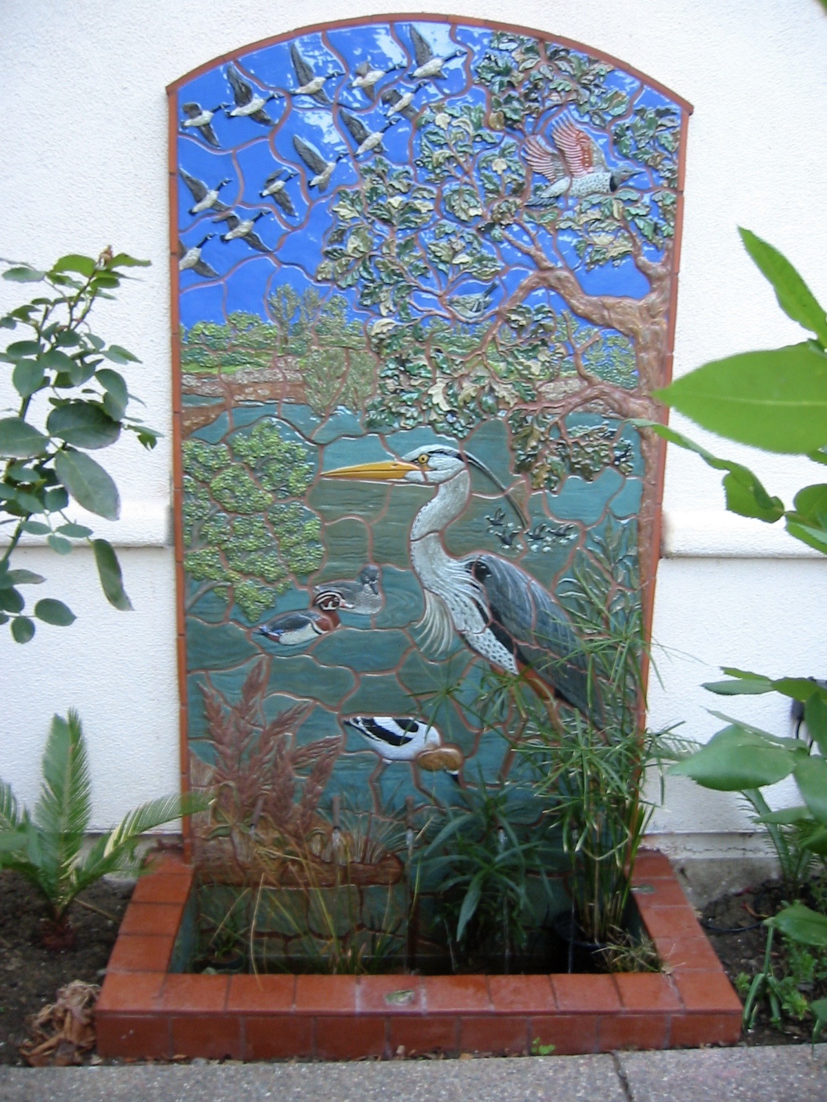 Ceramic Carved Fountain Mural with Heron and Waterfowl Design