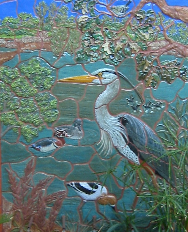 Detail of Carved Ceramic Fountain Mural with Great Blue Heron