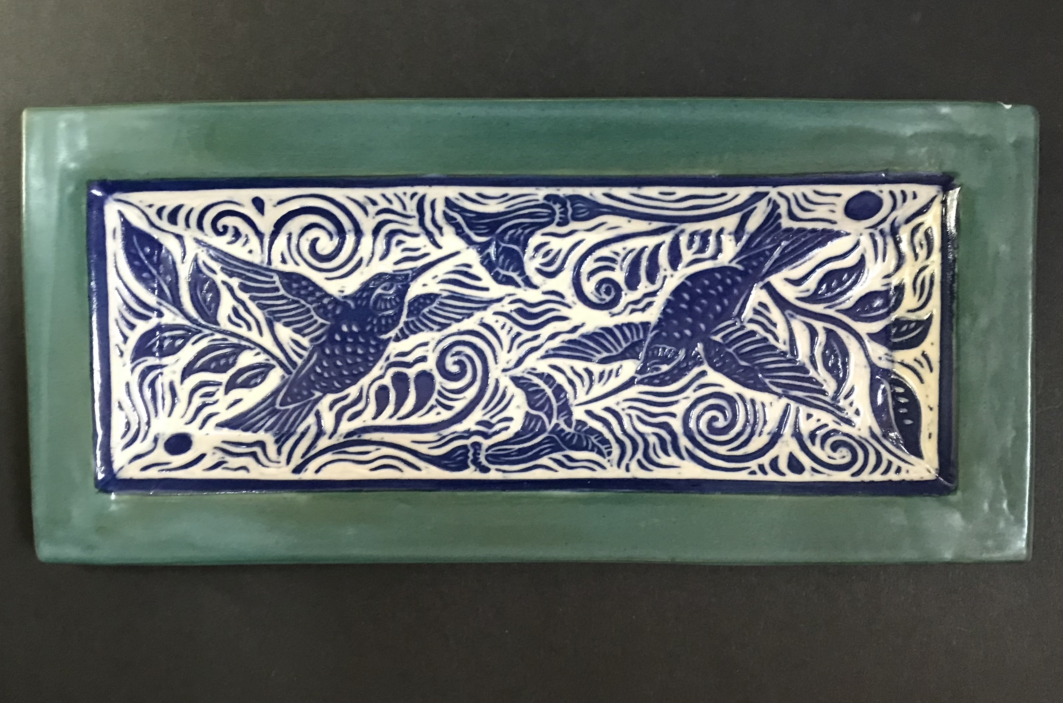 Ceramic Rectangular Serving Dish  in Cobalt Blue, White, and Turquoise with Stylized Hummingbird Desgin