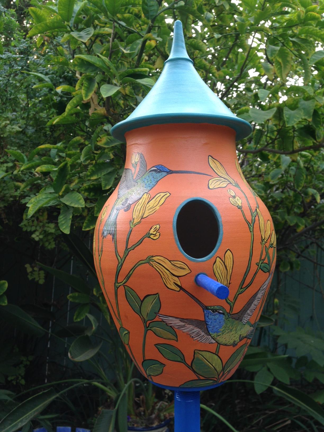 Colorful Ceramic Birdhouse with Humminbird Design