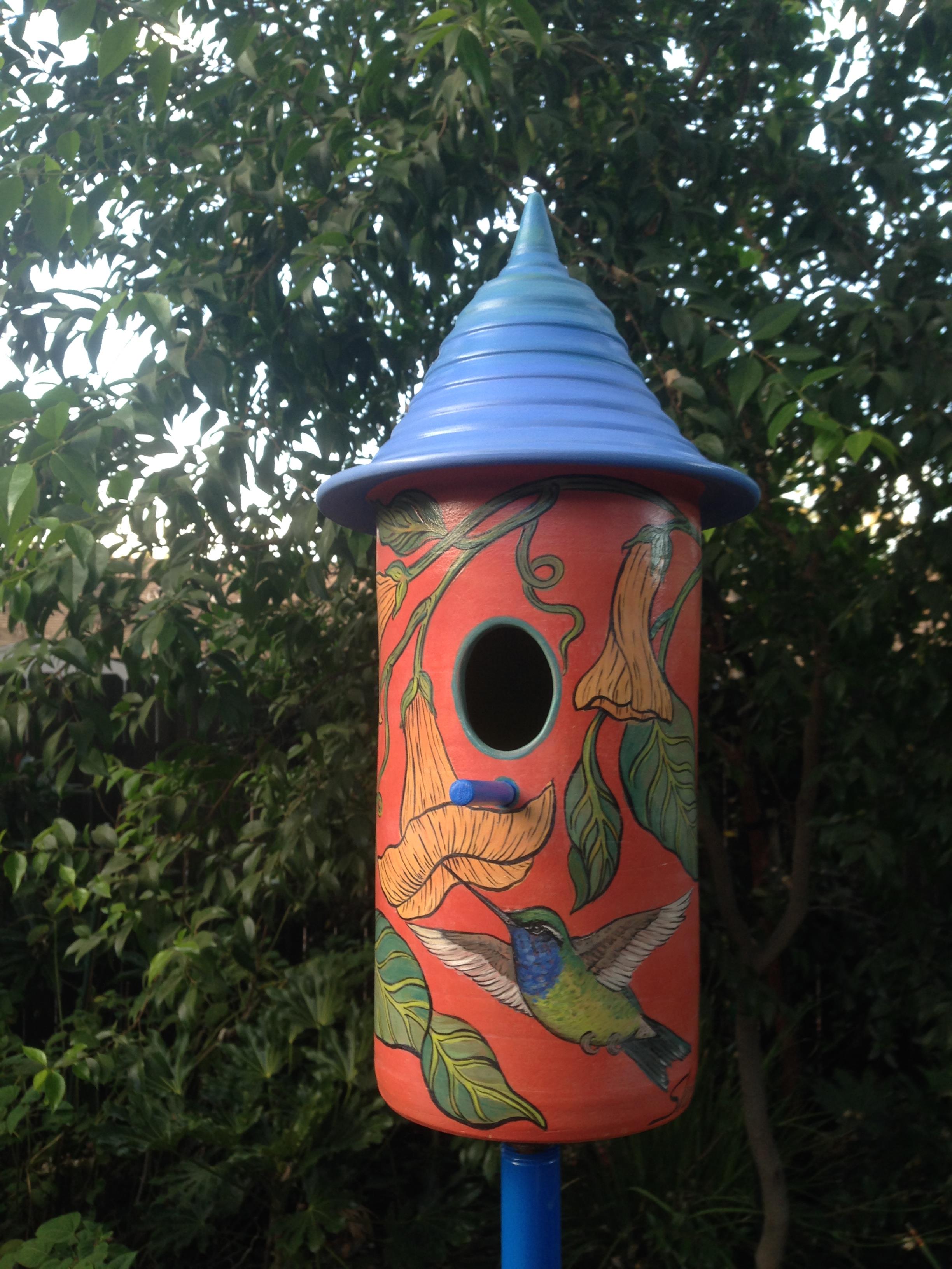 Colorful Ceramic Birdhouse with Hummingbird design