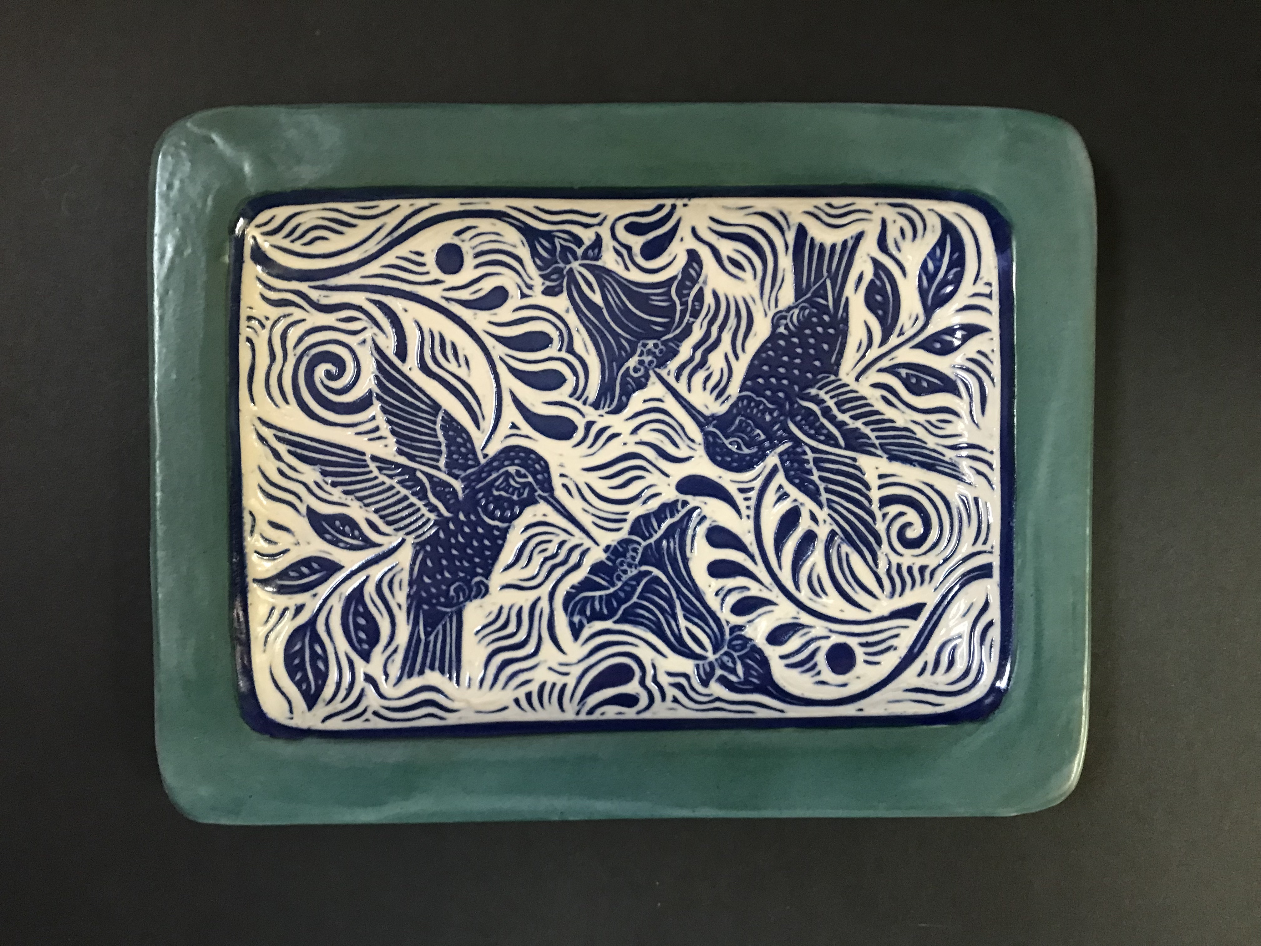 Ceramic Rectangular Serving Dish in Cobalt Blue, White, and Turquoise with Stylized Hummingbird Desgin