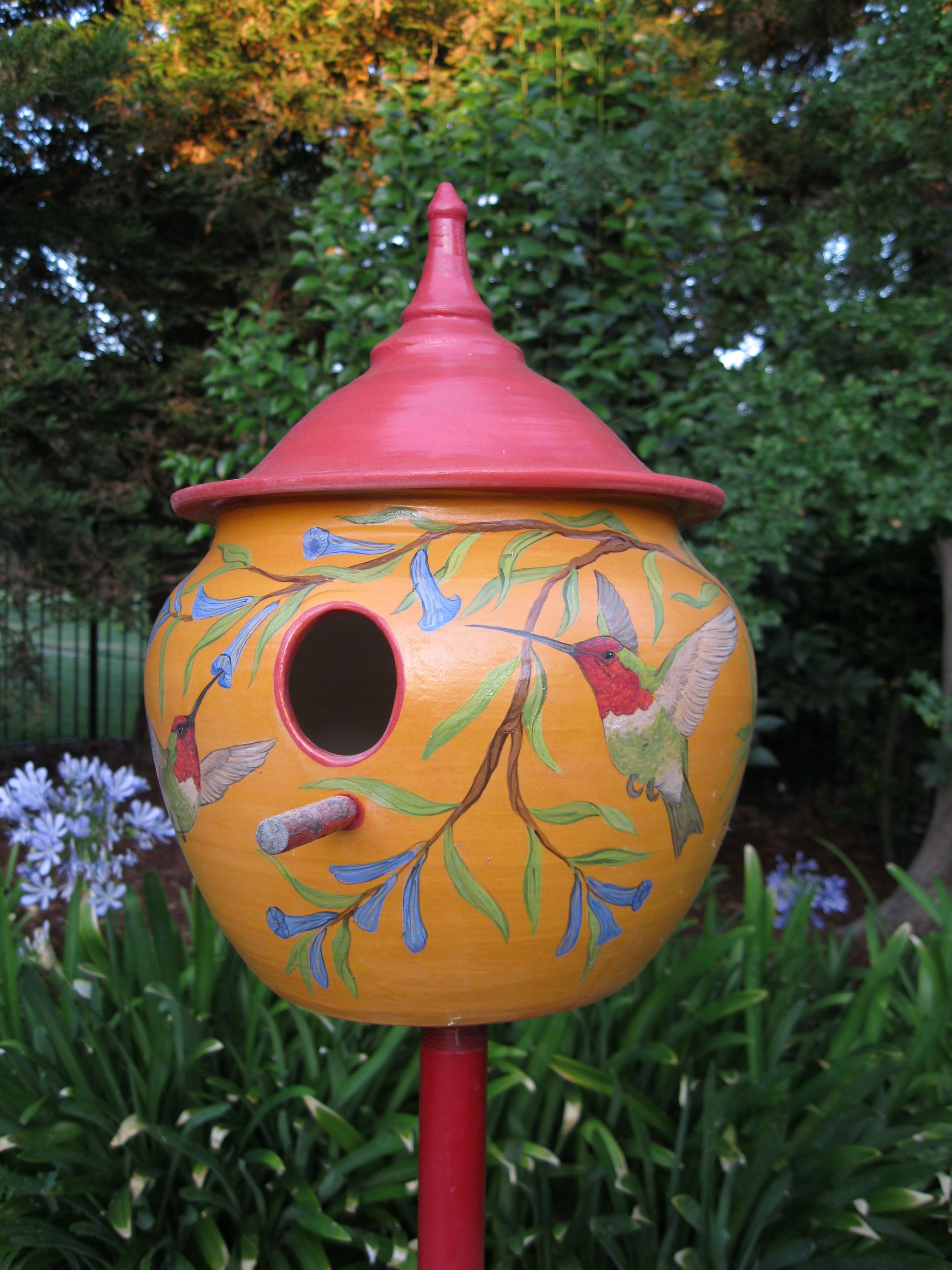 Colorful Ceramic Birdhouse with Hummingbird and penstemon design