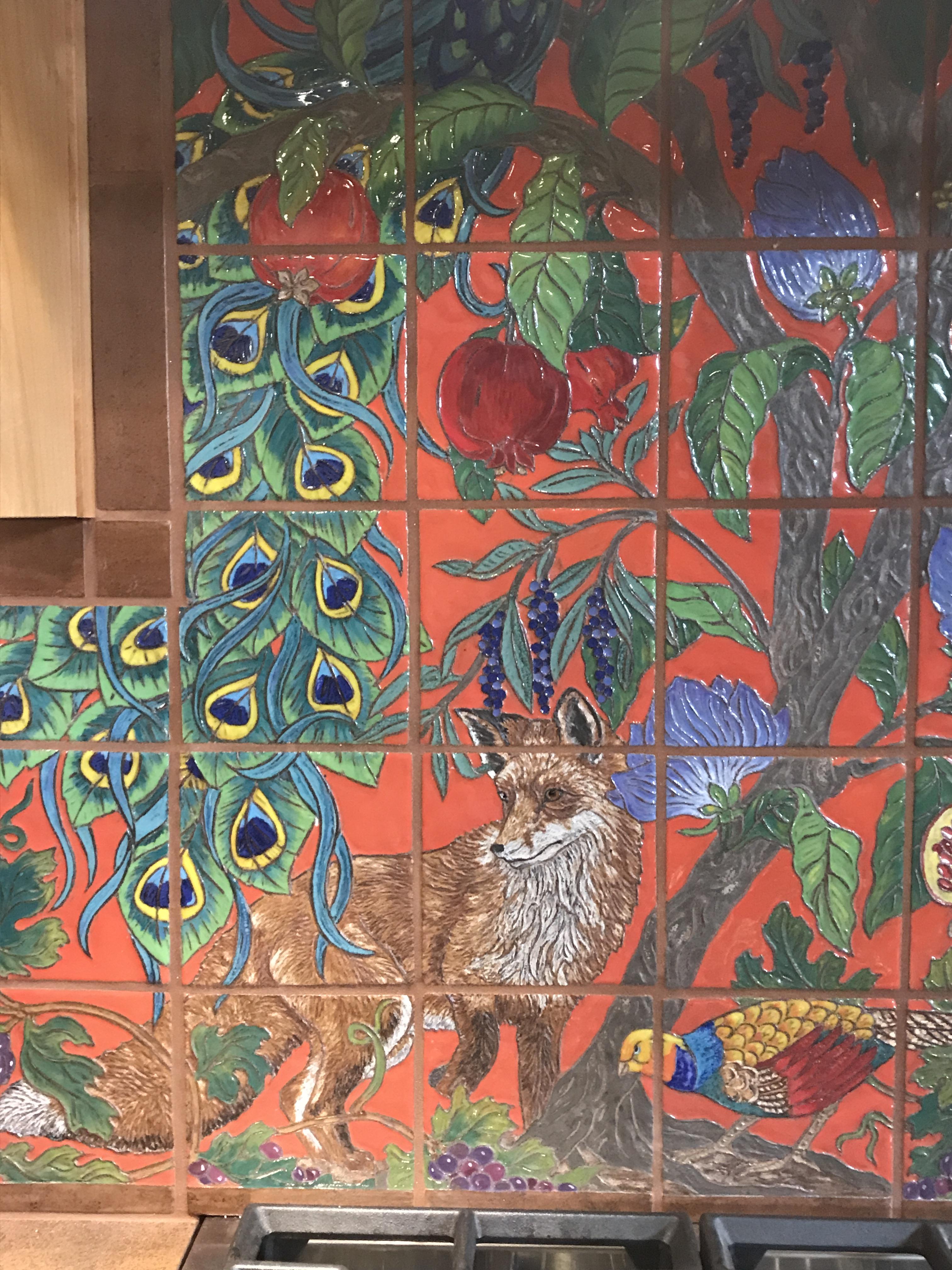 Carved Kitchen Backsplash Mural with Tree of Life Design - Detail, Fox