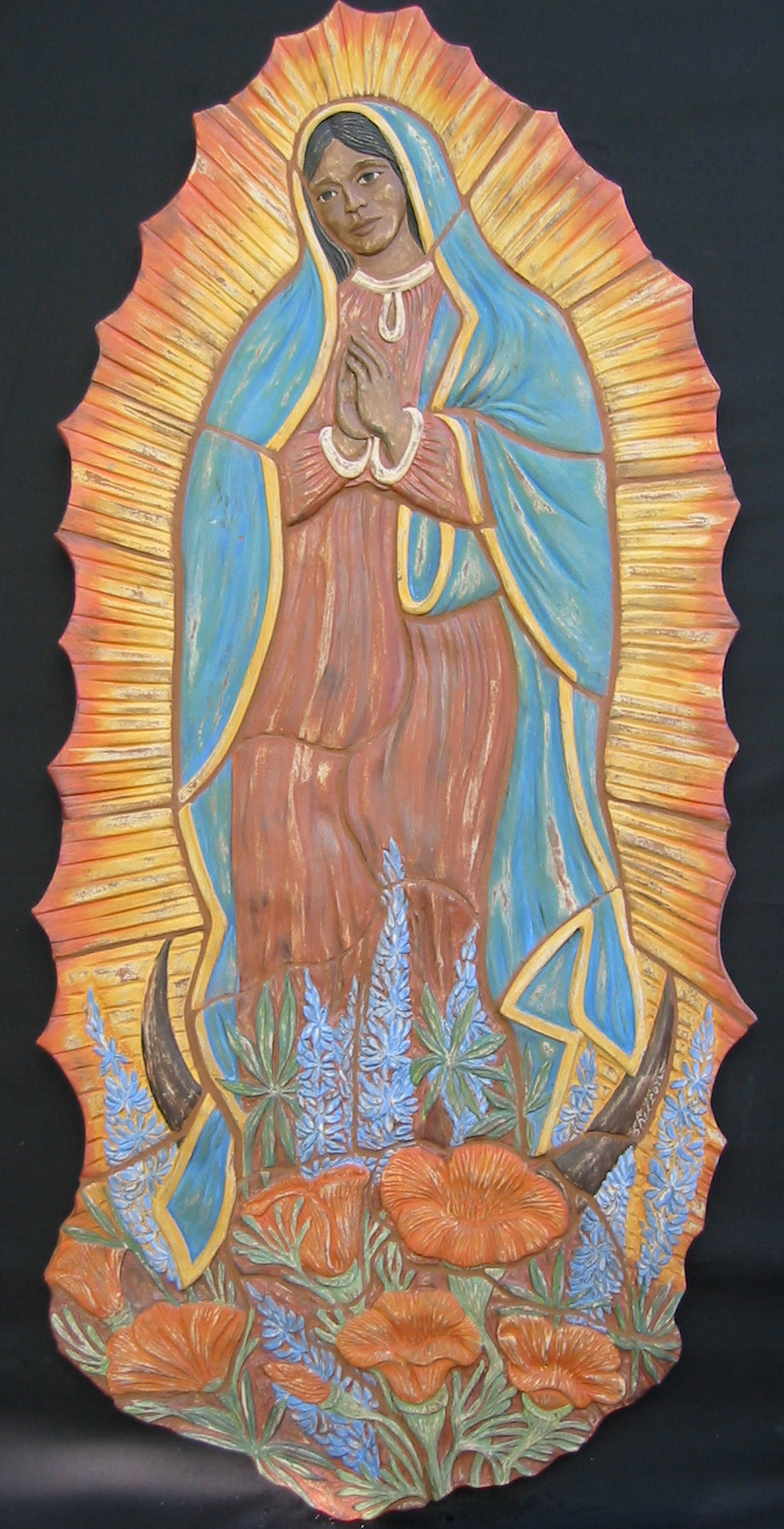 Carved Ceramic Mural of Virgen of Guadalupe with Poppies and Lupins