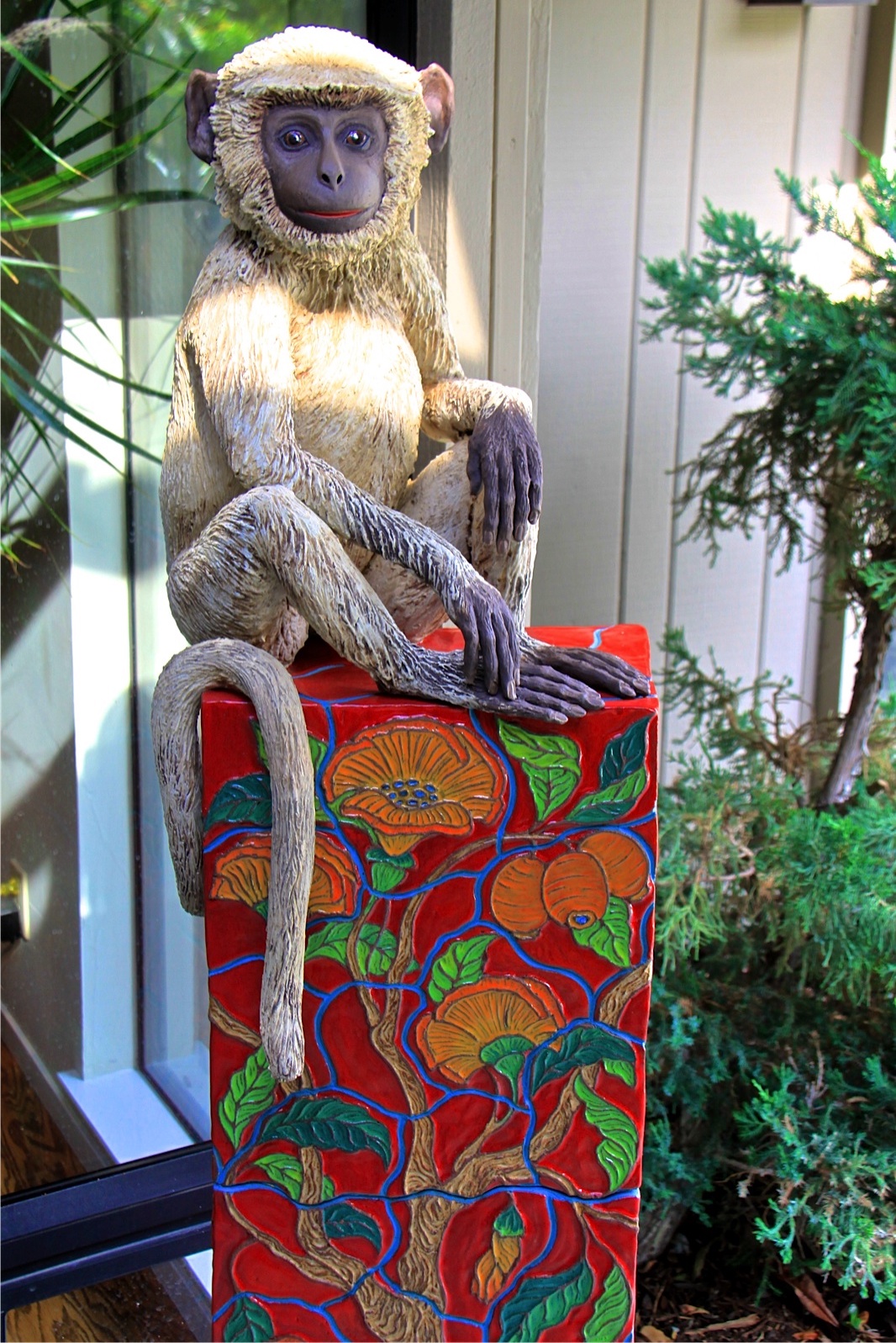 Garden Sculpture of Langur Monkey on Tree of Life Pedestal