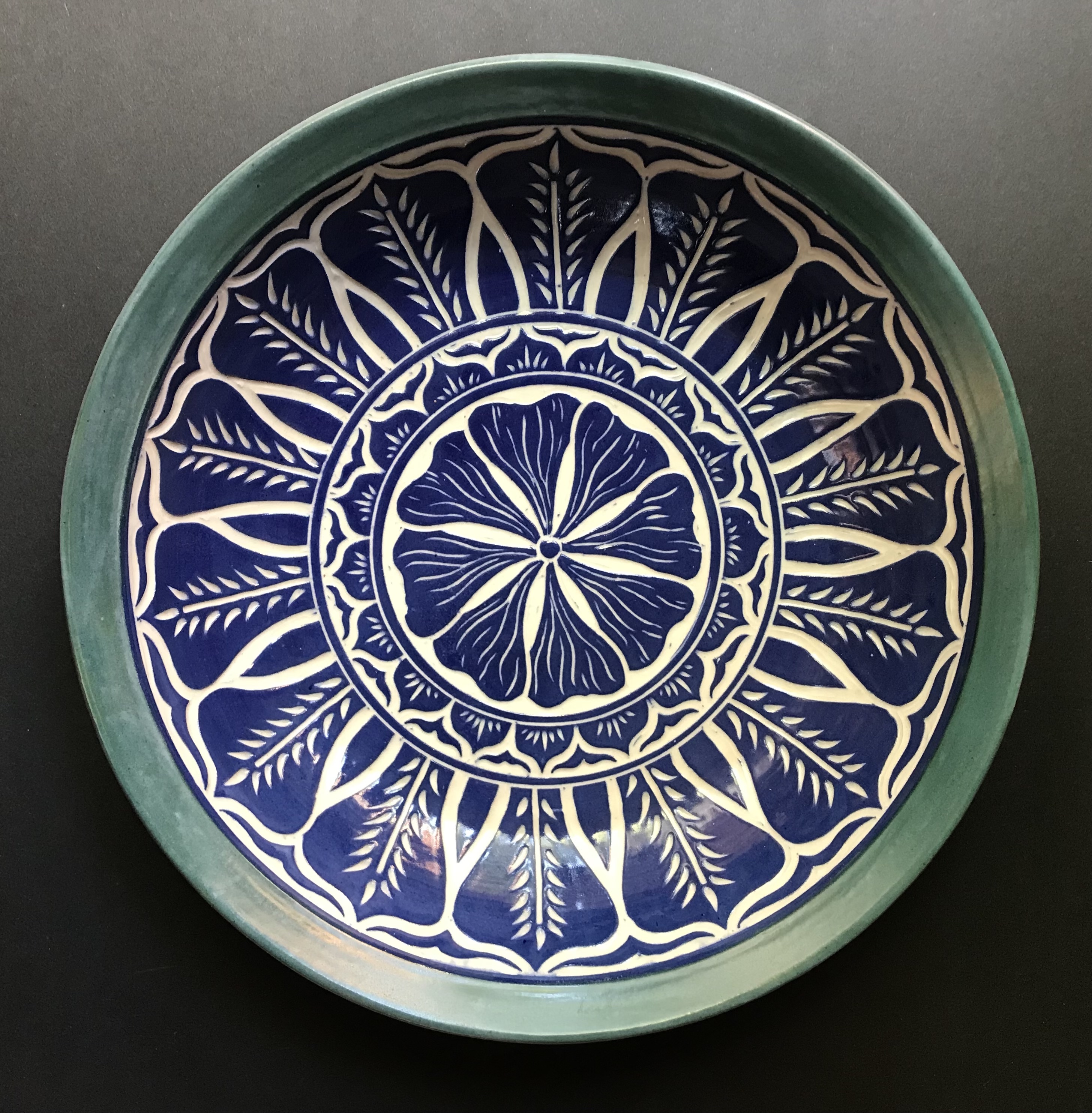 Large Serving Bowl In Blue and Turquoise with Sgrafitto Carved Mandala Design