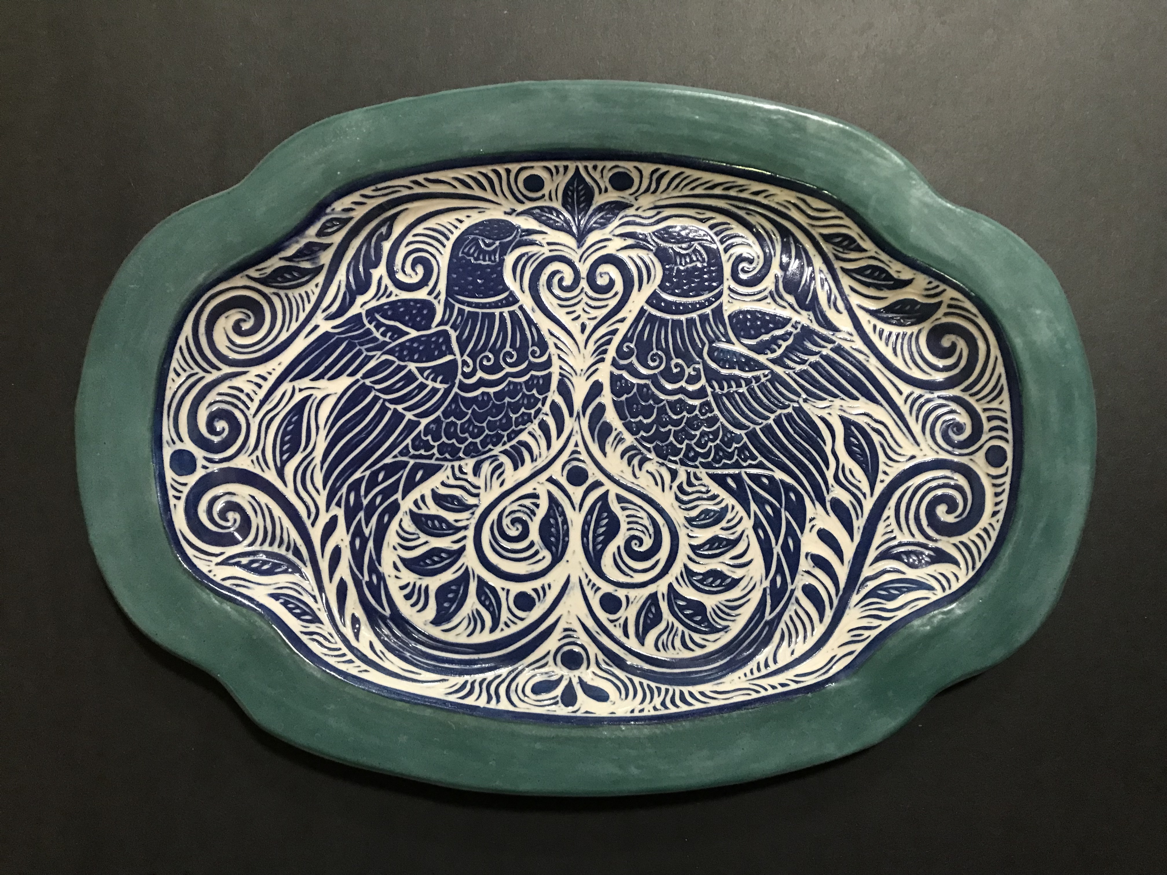 Large Serving Platter In Blue and Turquoise with Sgrafitto Carved Lovebird Design