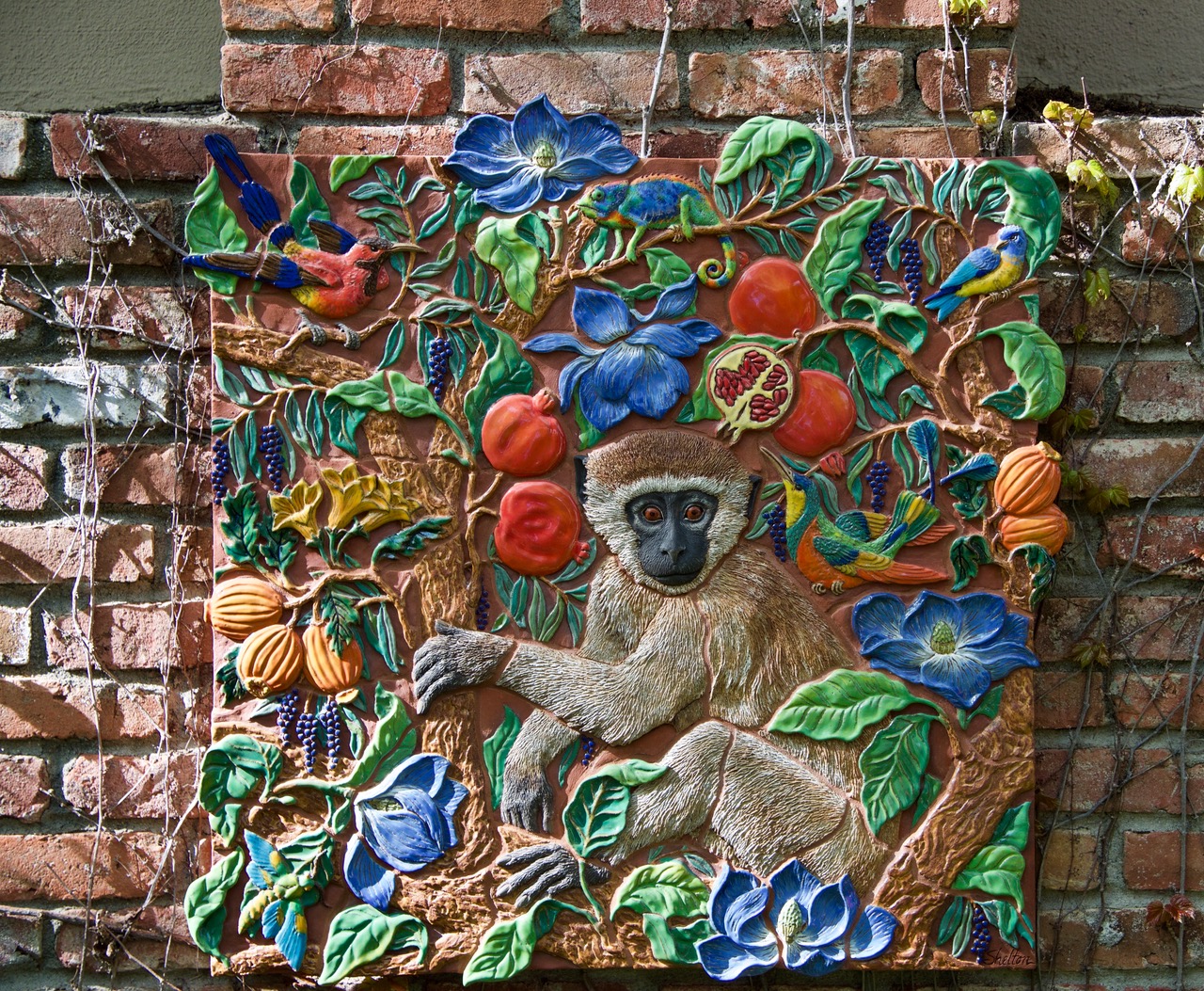 Carved Ceramic Garden Mural of Langur Monkey and Tropical Plants