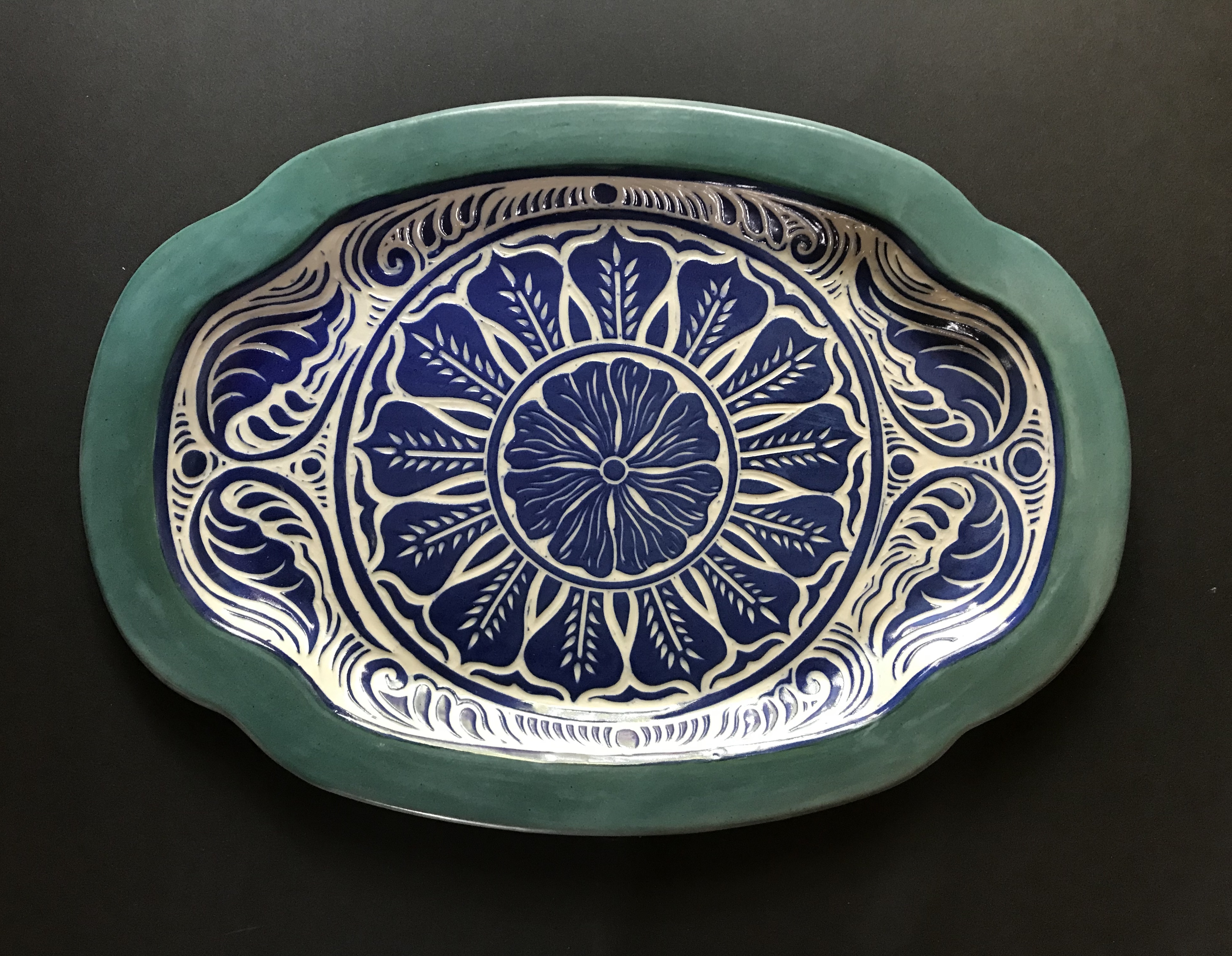 Large Serving Platter In Blue and Turquoise with Sgrafitto Carved Mandala Desgin