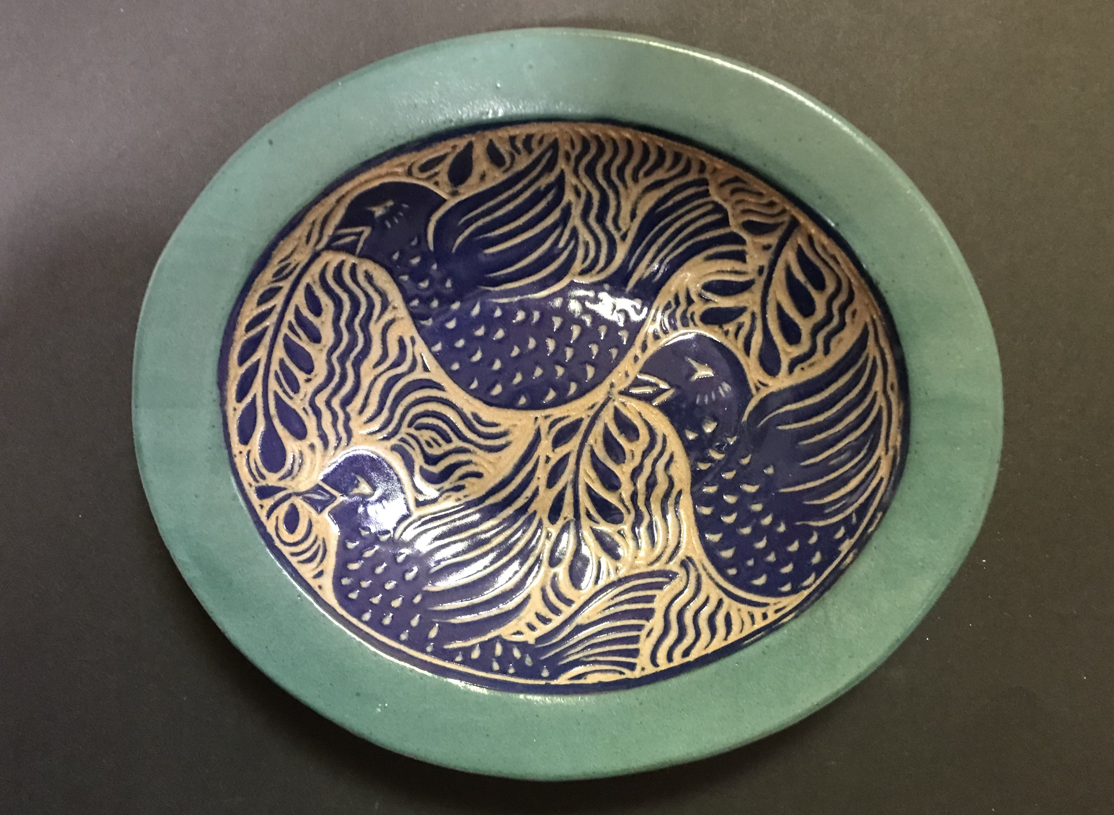 Ceramic Oval Serving Dish in Cobalt Blue, White, and Turquoise with Stylized Peace Bird Desgin