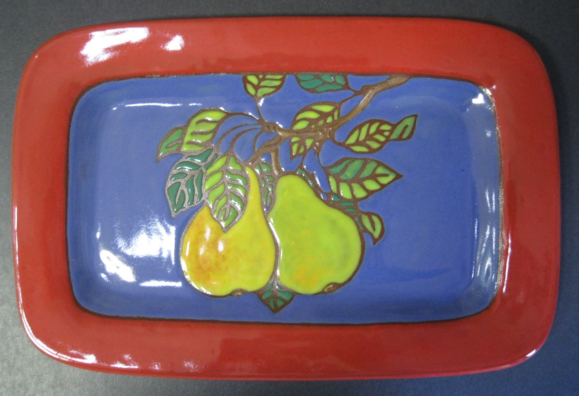 Red and Blue Rectangular Serving Dish with Cuerda Seca Pear Design