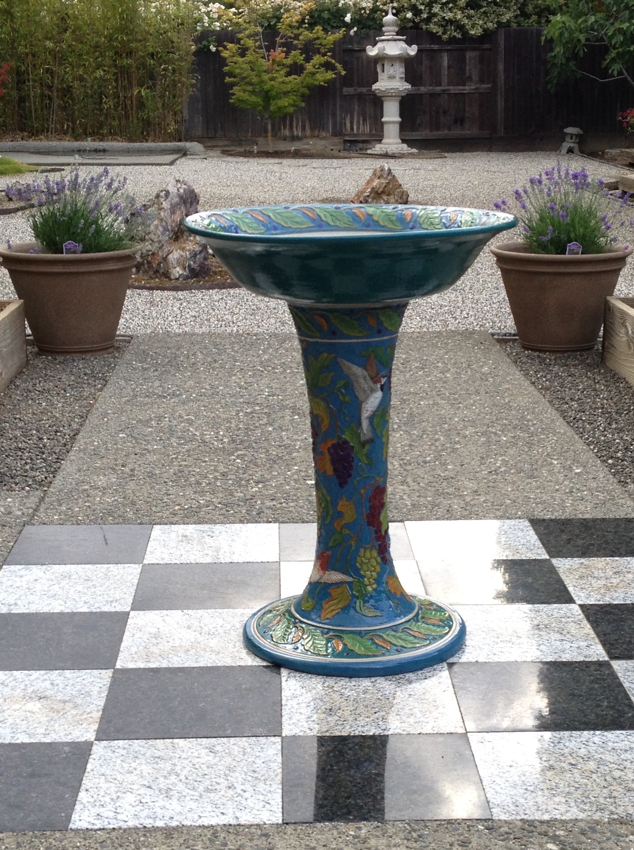 Colorful Carved Ceramic Pedestal Fountain with Bird and Grapes Design