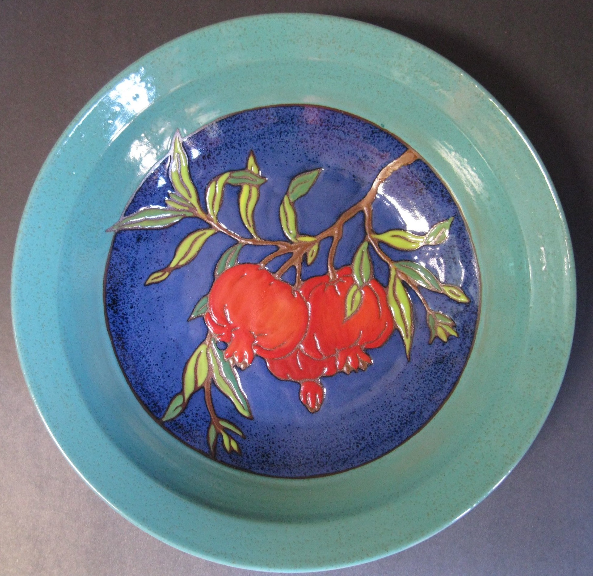 Cobalt Blue and Turquoise Bowl with Cuerda Seca Pomegranate Design