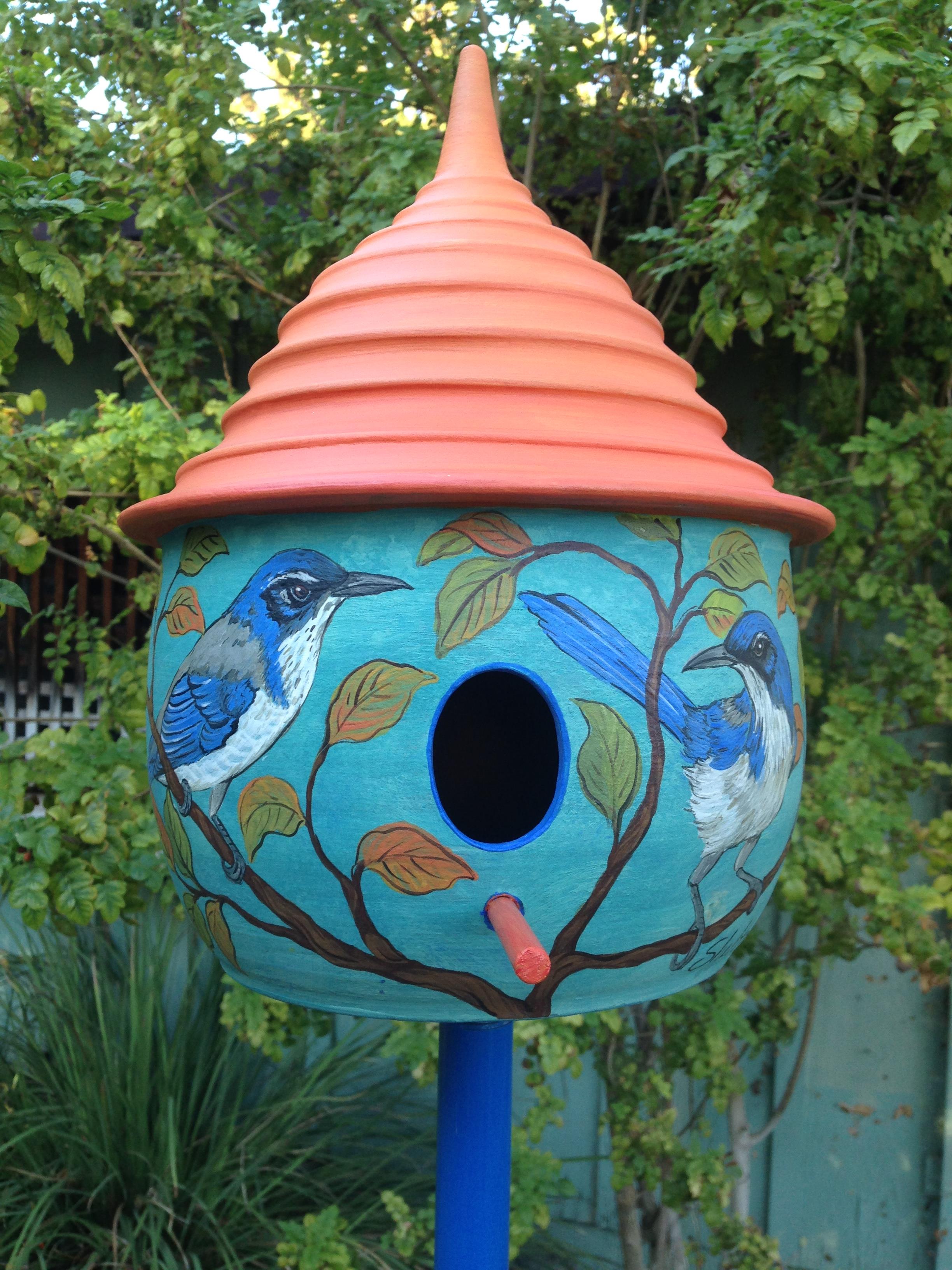 Colorful Ceramic Birdhouse with Scrubjay design