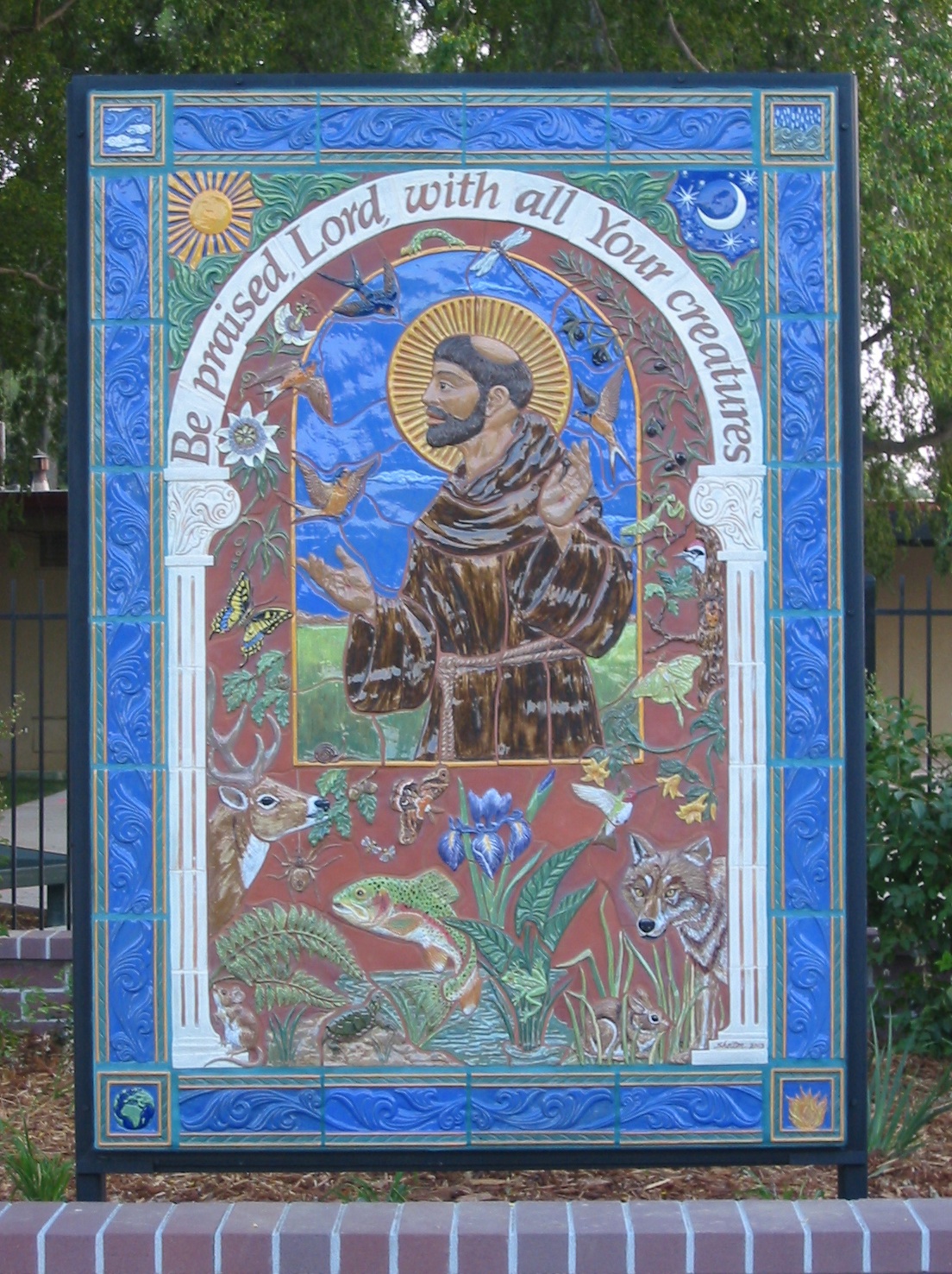Carved Ceramic Mural of St. Francis with Woodland Creatures
