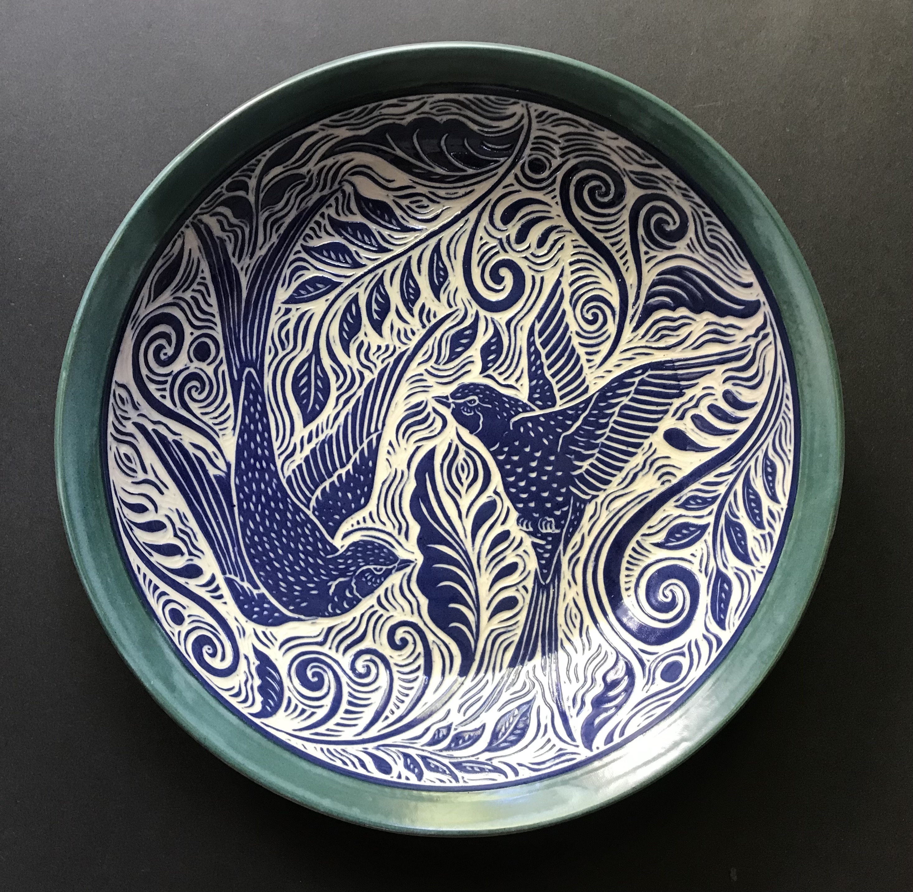 Large Serving Bowl In Blue and Turquoise with Sgrafitto Carved Swallow Bird Design