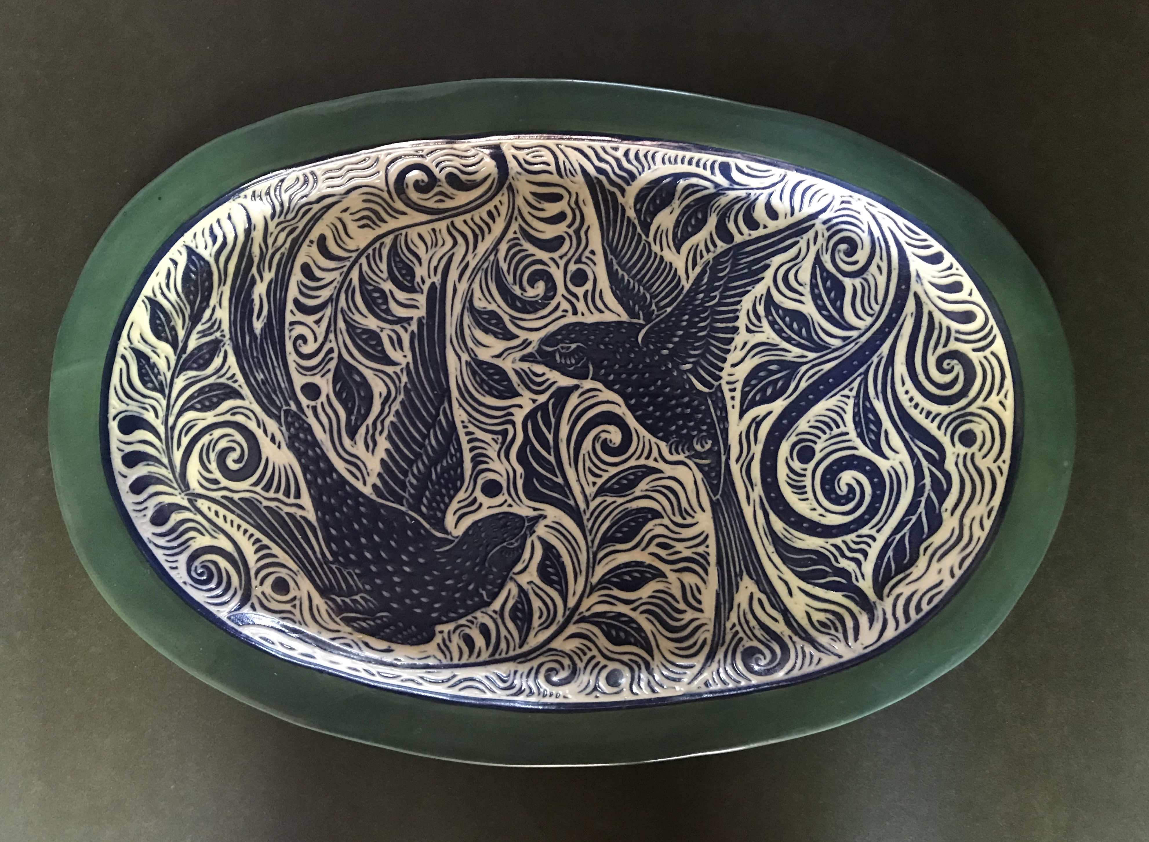 Large Serving Platter In Blue and Turquoise with Sgrafitto Carved Swallow Design