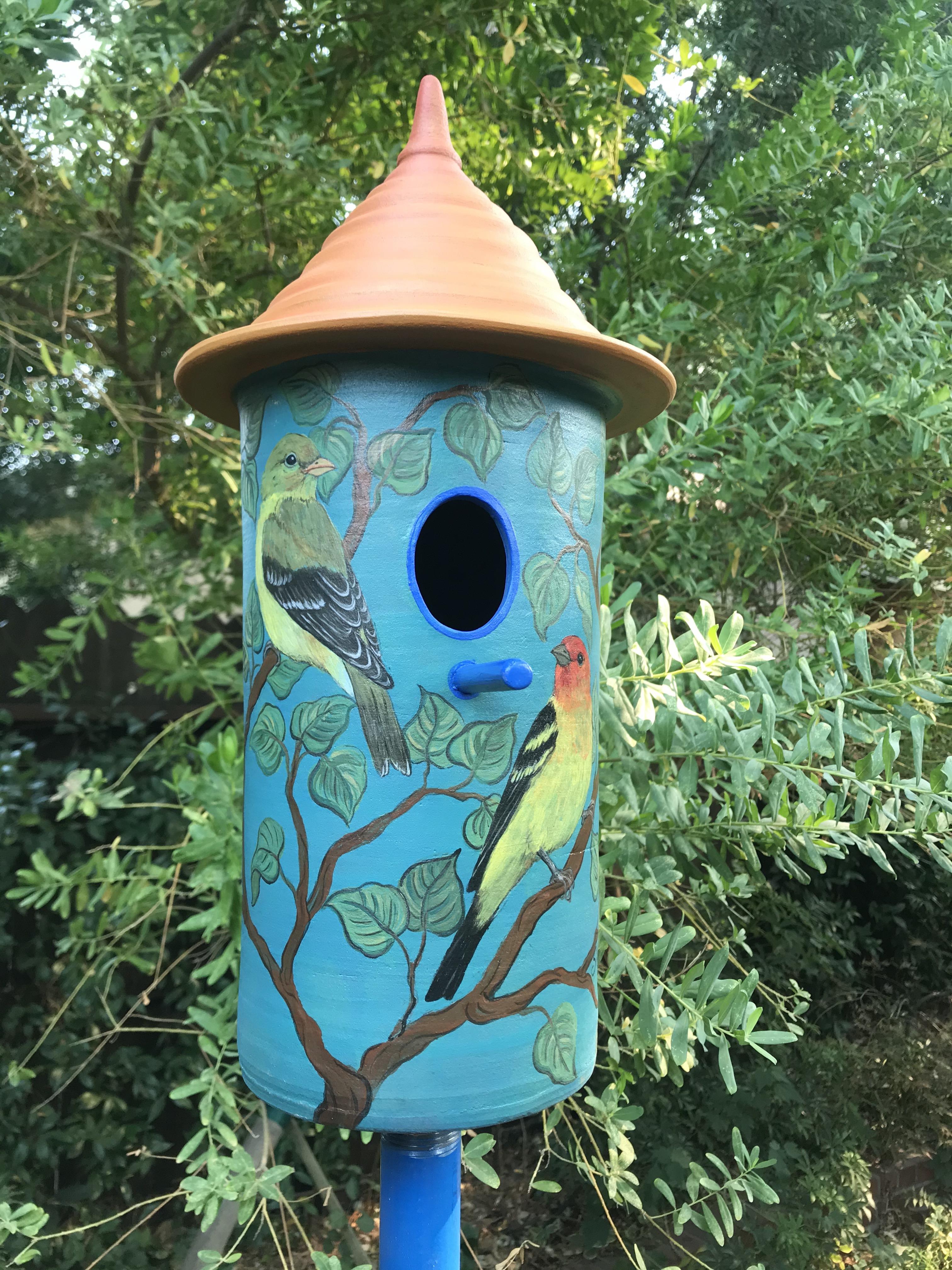 Colorful Ceramic Birdhouse with Western Tanager Design