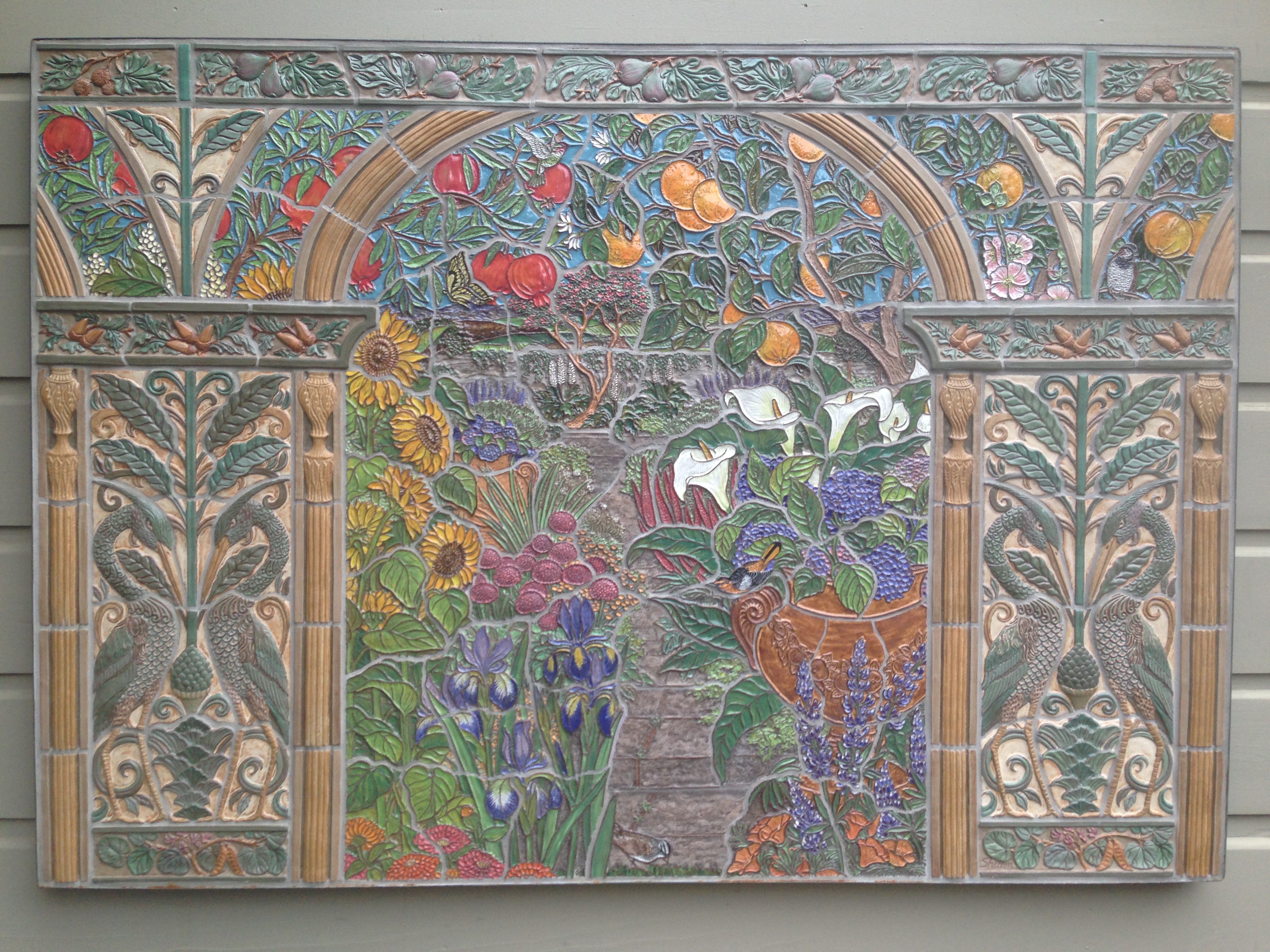 Carved Ceramic Garden Mural with Victorian Architectural Elements