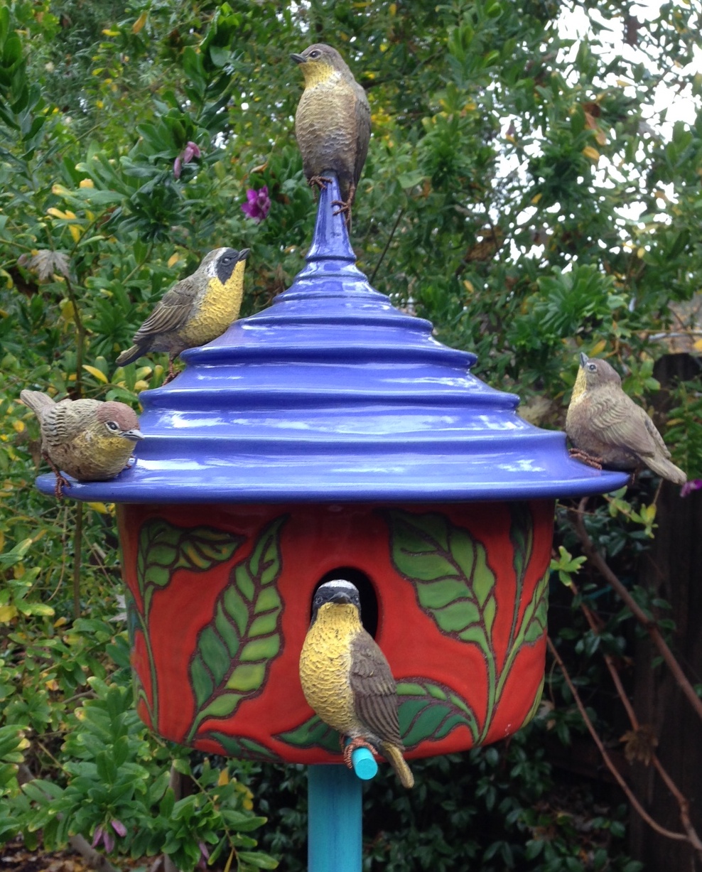 Colorful Ceramic Birdhouse with Yellowthroat Bird Sculptures