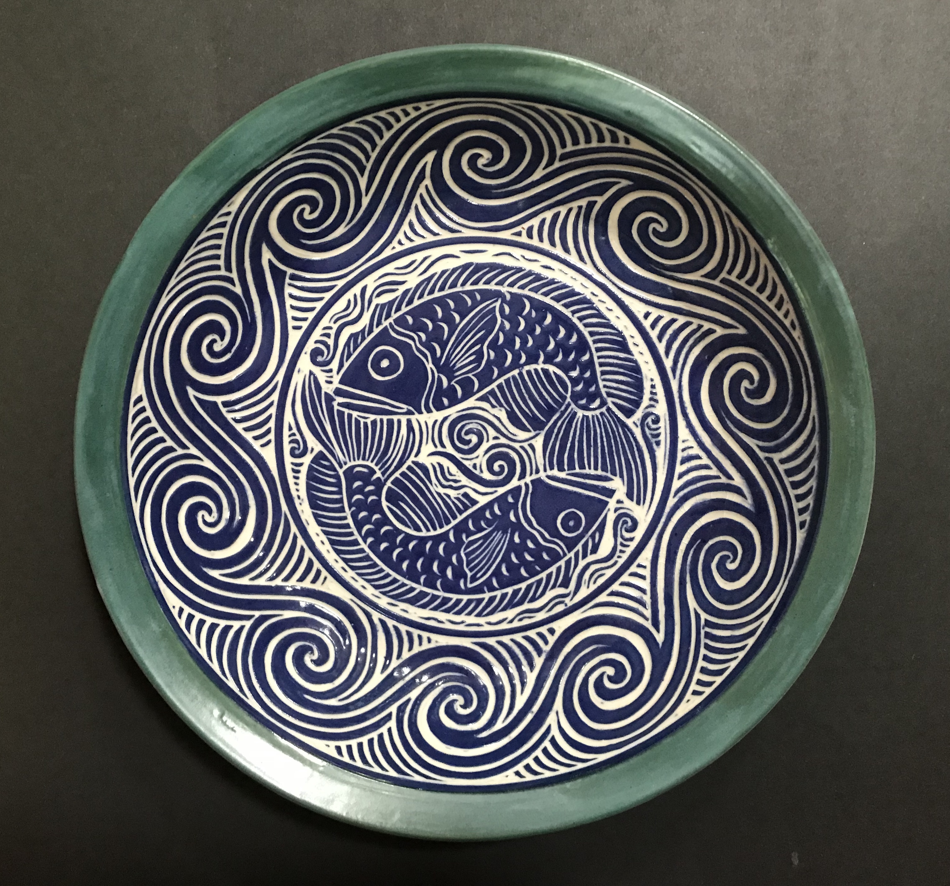 Large Serving Bowl In Blue and Turquoise with Sgrafitto Carved Fish Design